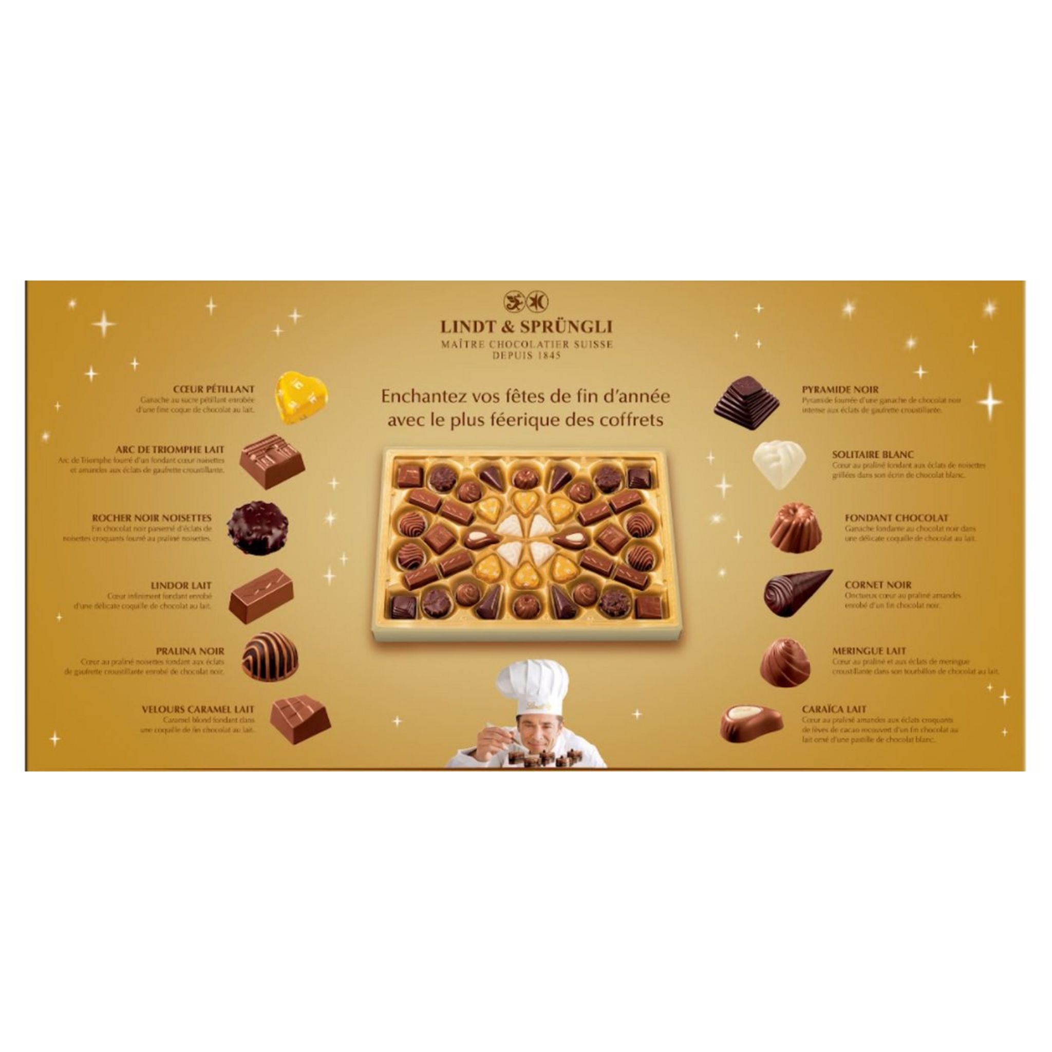 Voir la diapositive 2 : LINDT Champs-Elysées Edition Or Assortiment de chocolats au lait noir et blanc fourrés 44 pièces 468g