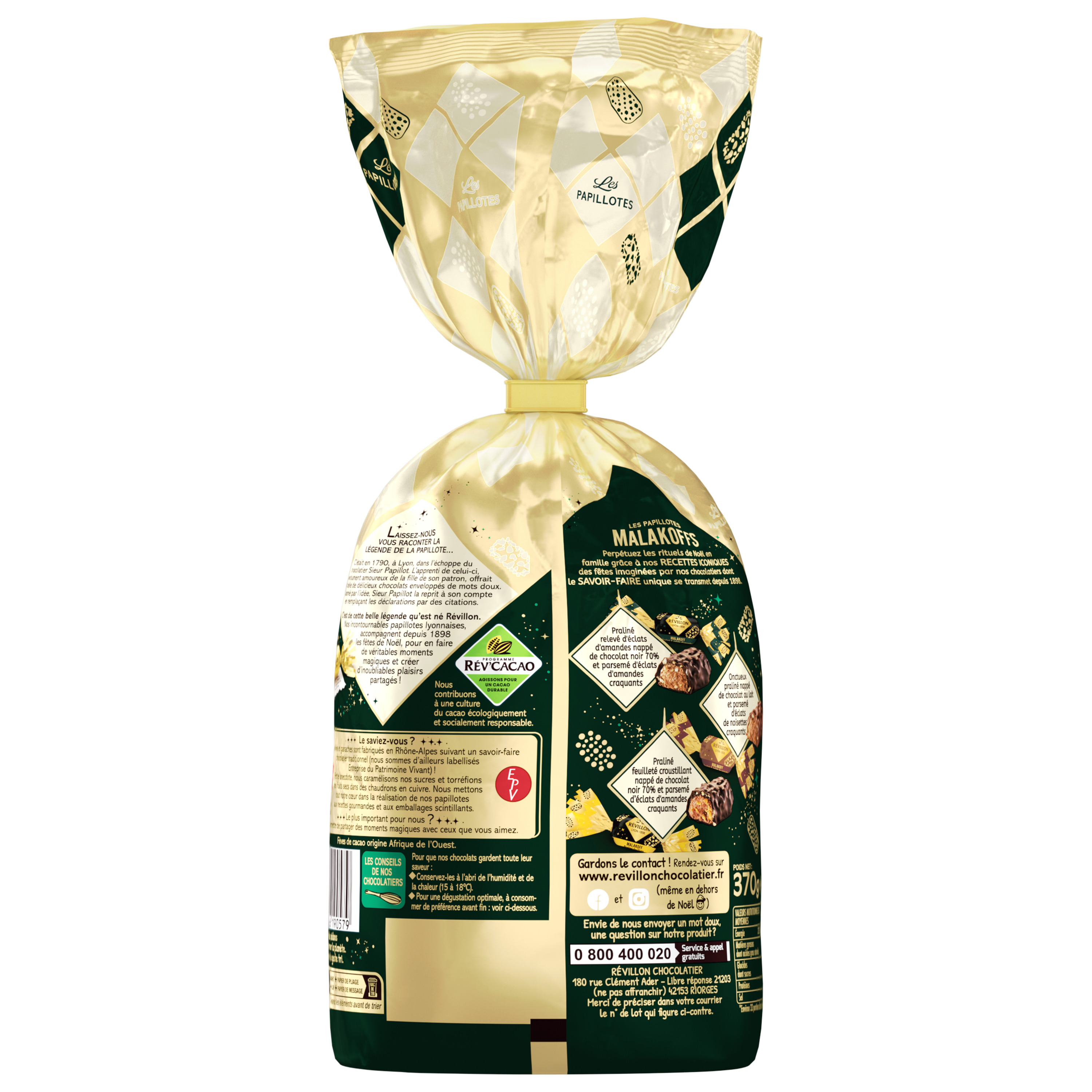 Voir la diapositive 2 : REVILLON CHOCOLATIER Les Papillotes Malakoffs au chocolat noir 70% et au lait 370g