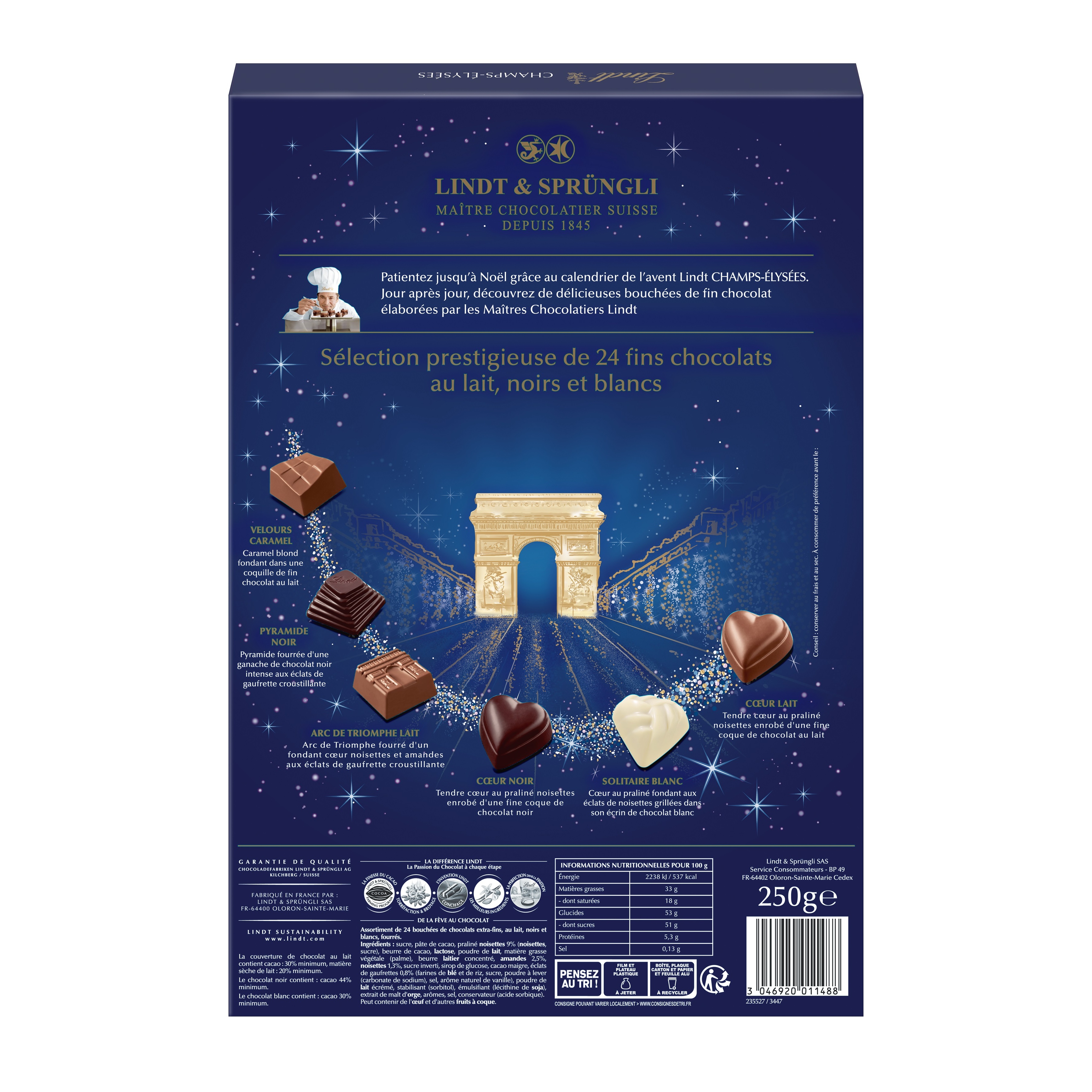 Voir la diapositive 2 : LINDT Champs-Elysées calendrier de l'Avent assortiment de bouchées au chocolat lait noir et blanc 24 pièces 250g