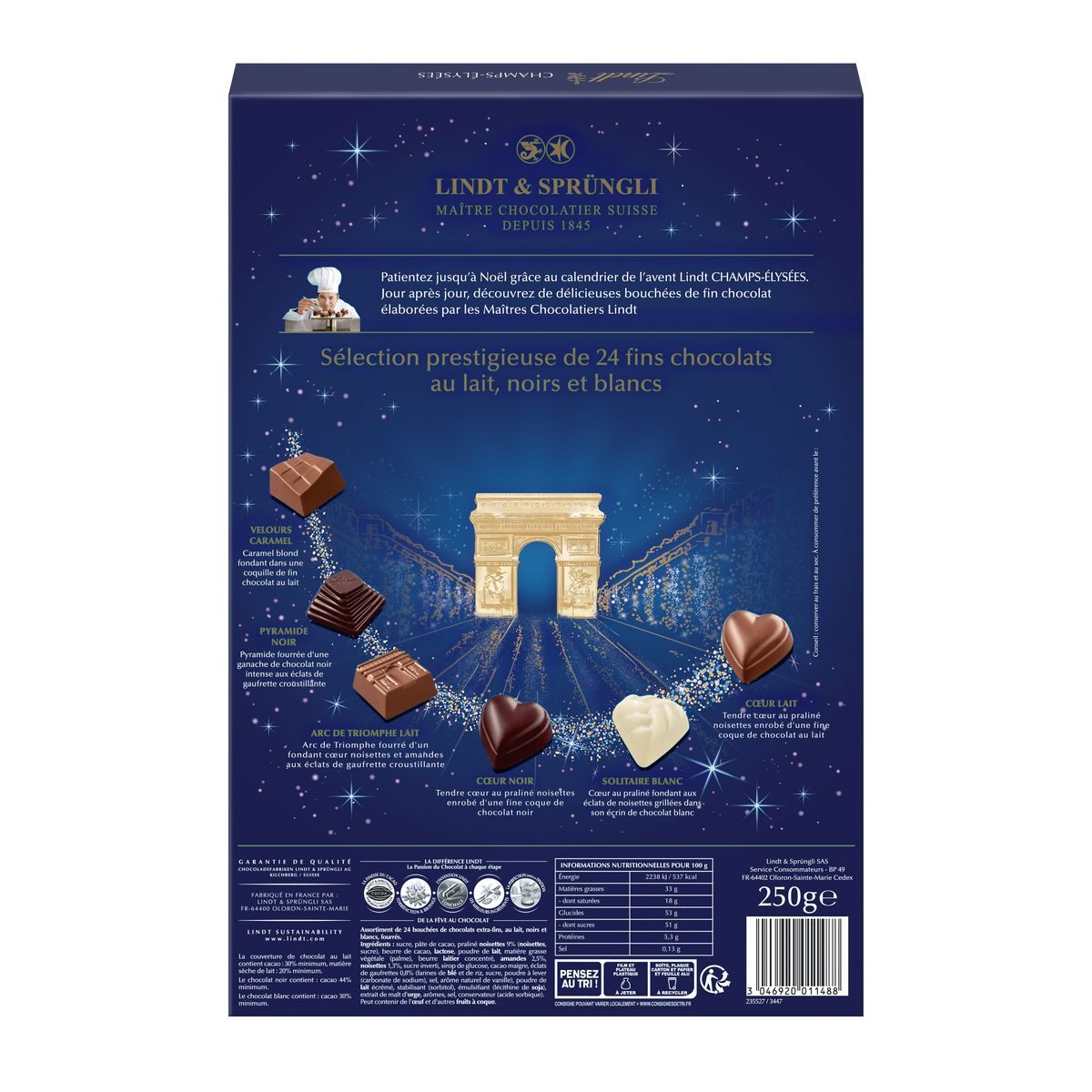 LINDT Champs-Elysées calendrier de l'Avent assortiment de bouchées au chocolat lait noir et blanc 24 pièces 250g