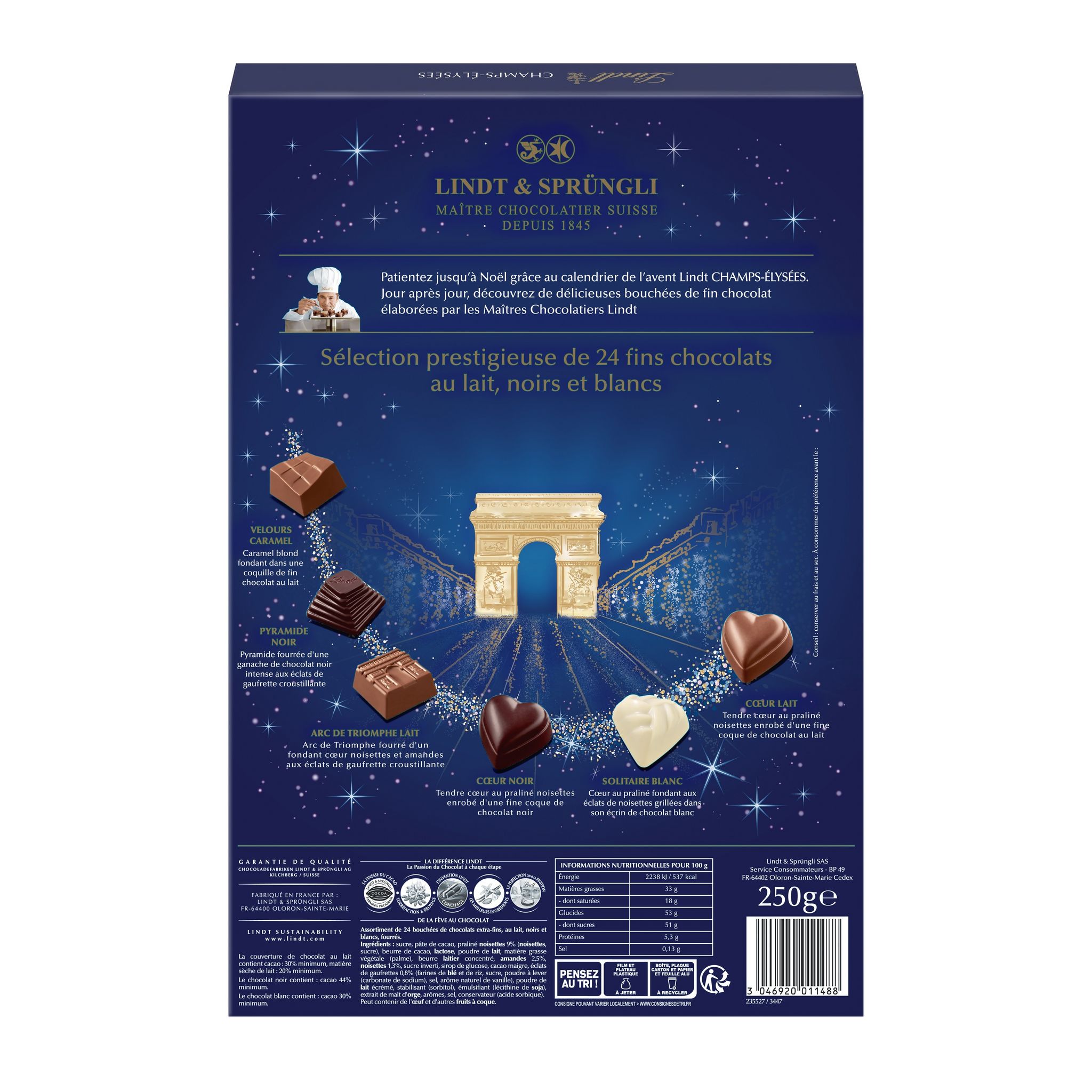 Voir la diapositive 2 : LINDT Champs-Elysées calendrier de l'Avent assortiment de bouchées au chocolat lait noir et blanc 24 pièces 250g