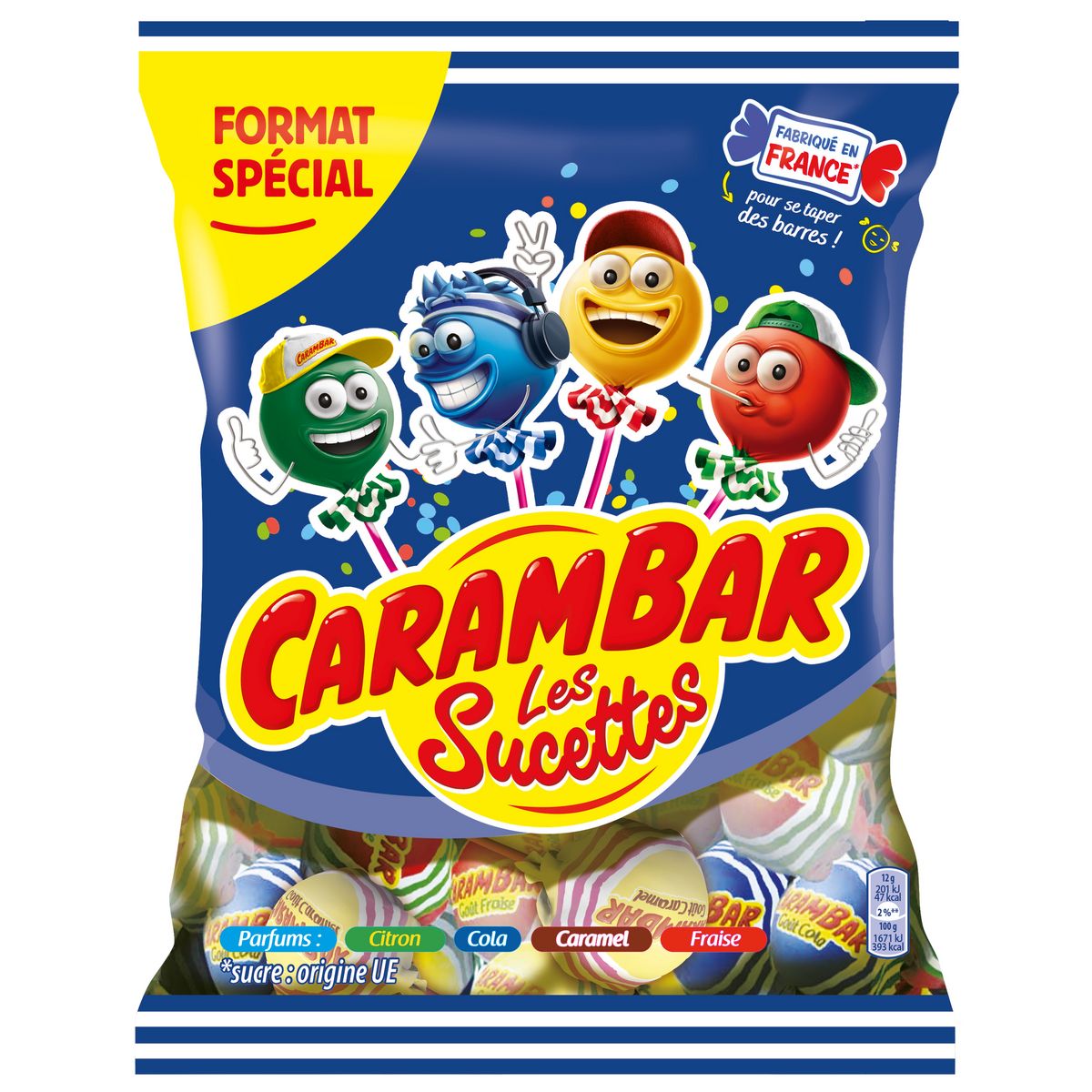 CARAMBAR Sucettes goût citron cola caramel fraise 204g