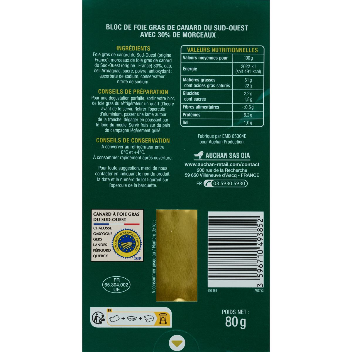 AUCHAN Bloc de foie gras de canard avec morceaux 2 parts 80g