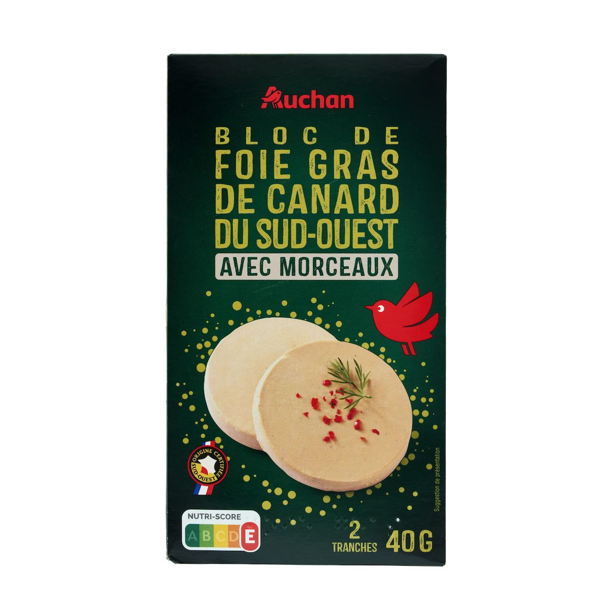 AUCHAN Bloc de foie gras de canard avec morceaux 2 parts 80g