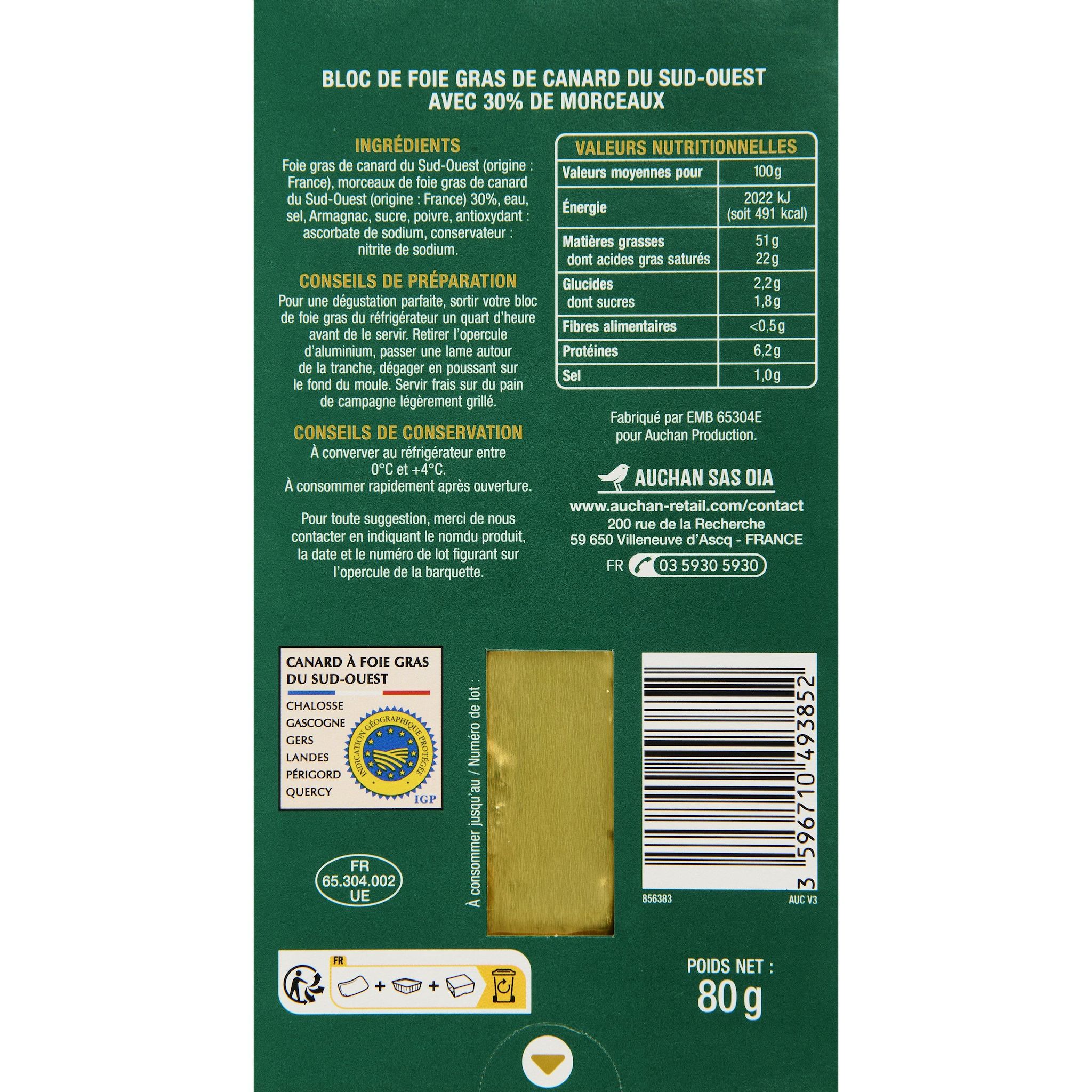 Voir la diapositive 3 : AUCHAN Bloc de foie gras de canard avec morceaux 2 parts 80g