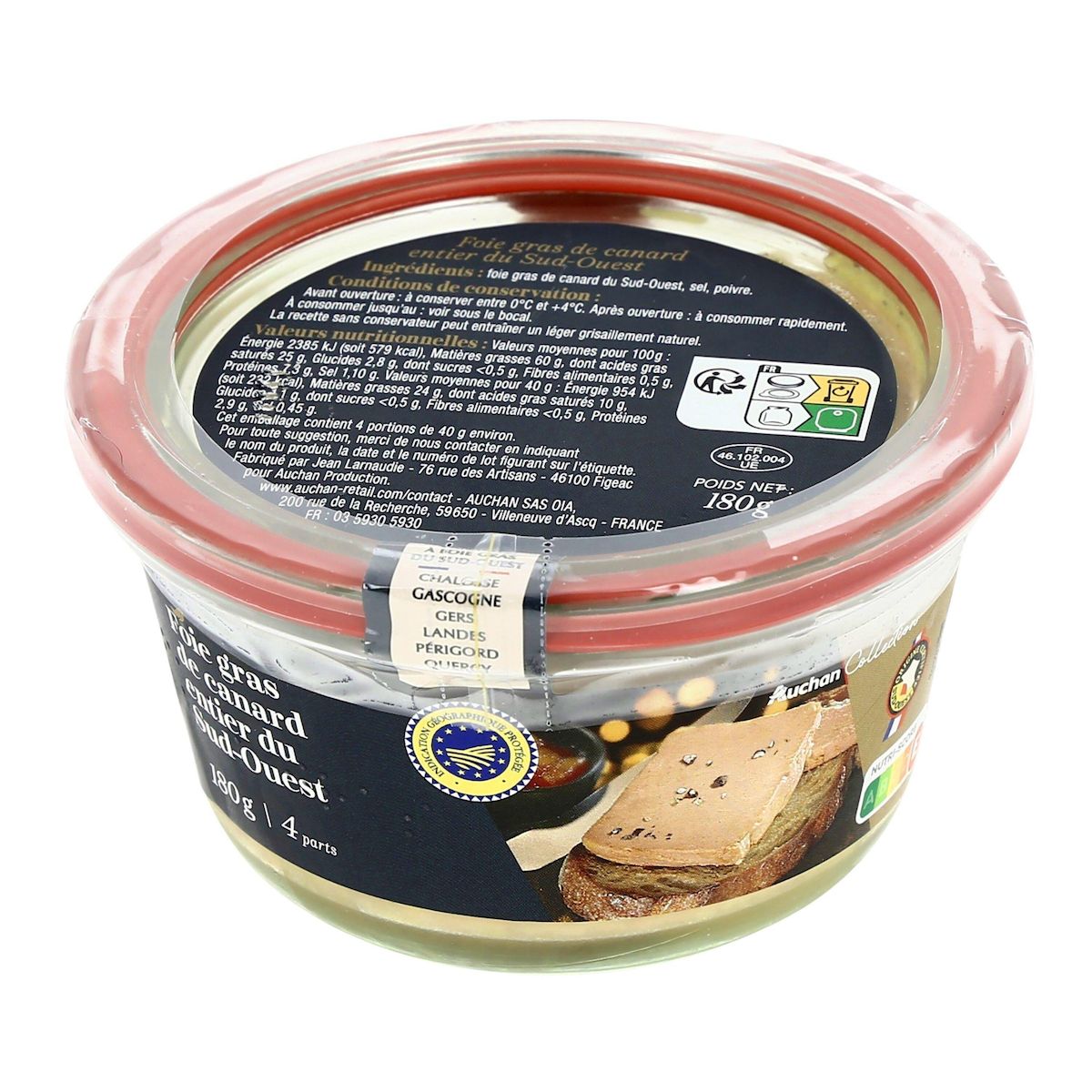 AUCHAN COLLECTION Foie gras de canard entier du Sud Ouest IGP 4 parts 180g
