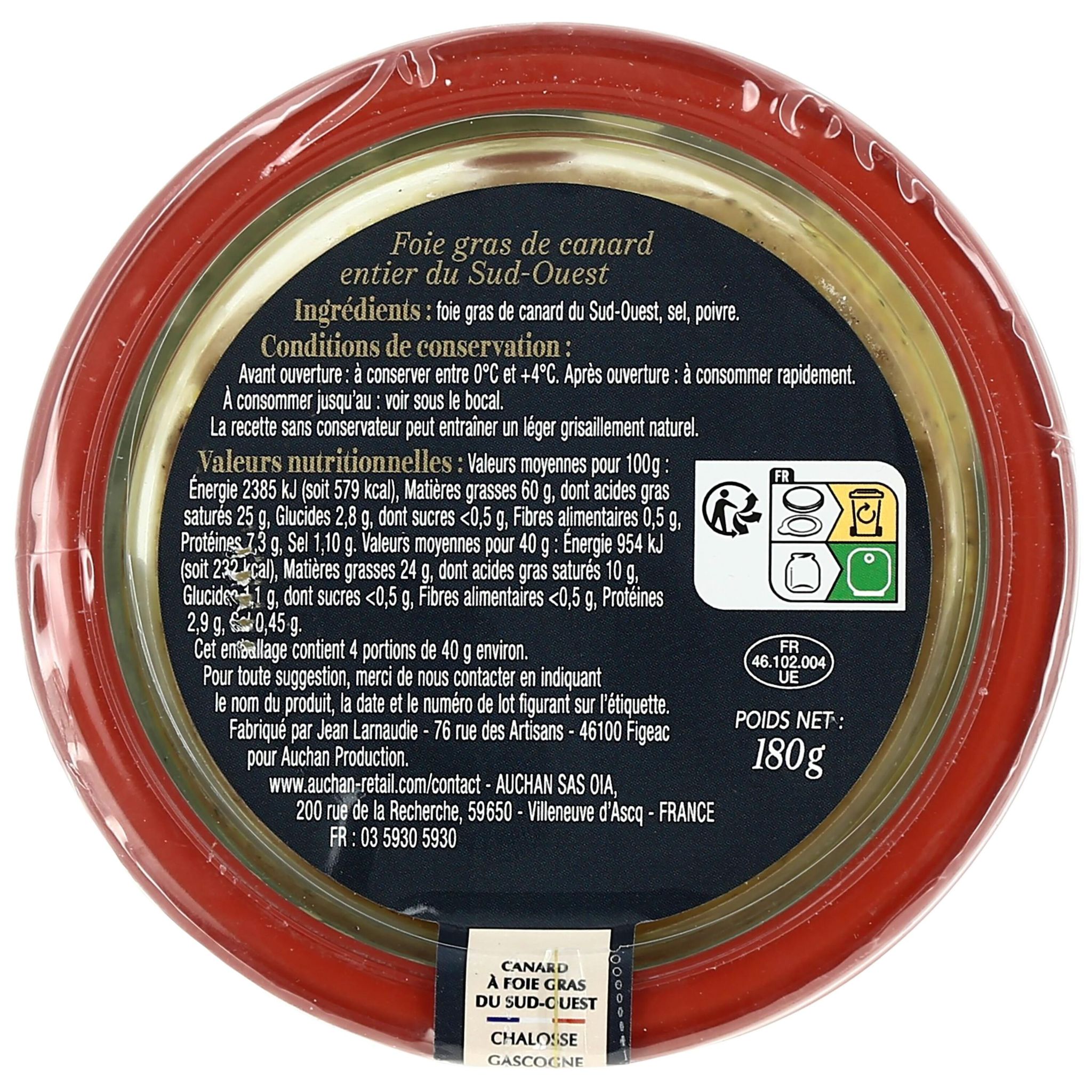 Voir la diapositive 3 : AUCHAN COLLECTION Foie gras de canard entier du Sud Ouest IGP 4 parts 180g