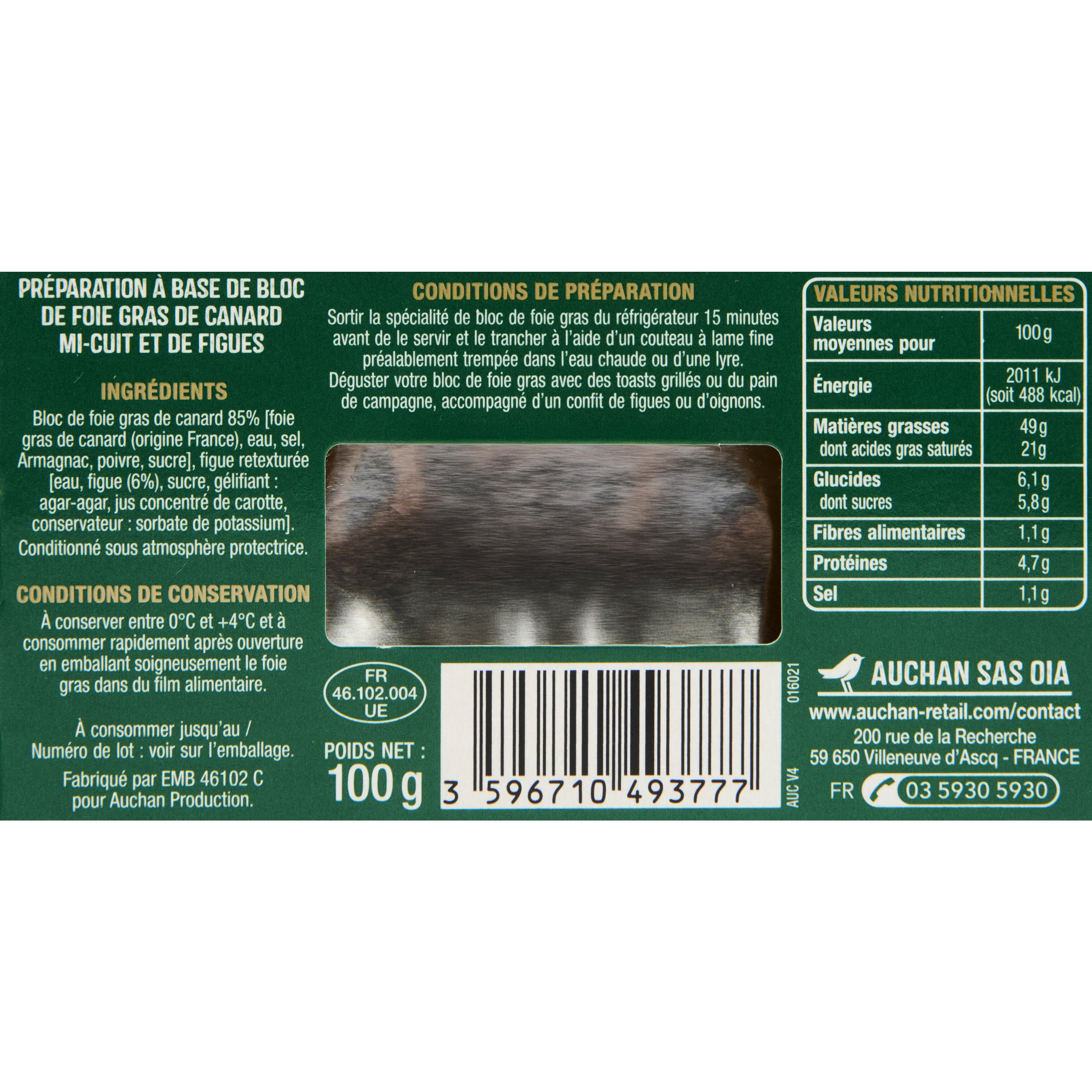 Voir la diapositive 2 : AUCHAN Bloc de foie gras de canard et gelée de figues 3 parts 100g