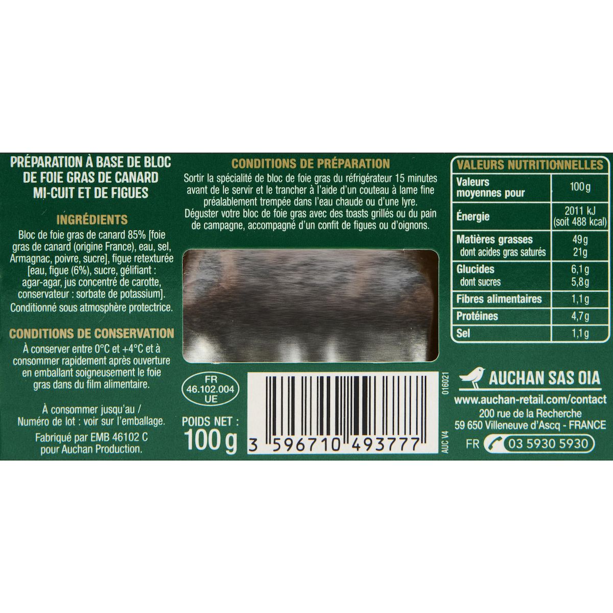 AUCHAN Bloc de foie gras de canard et gelée de figues 3 parts 100g