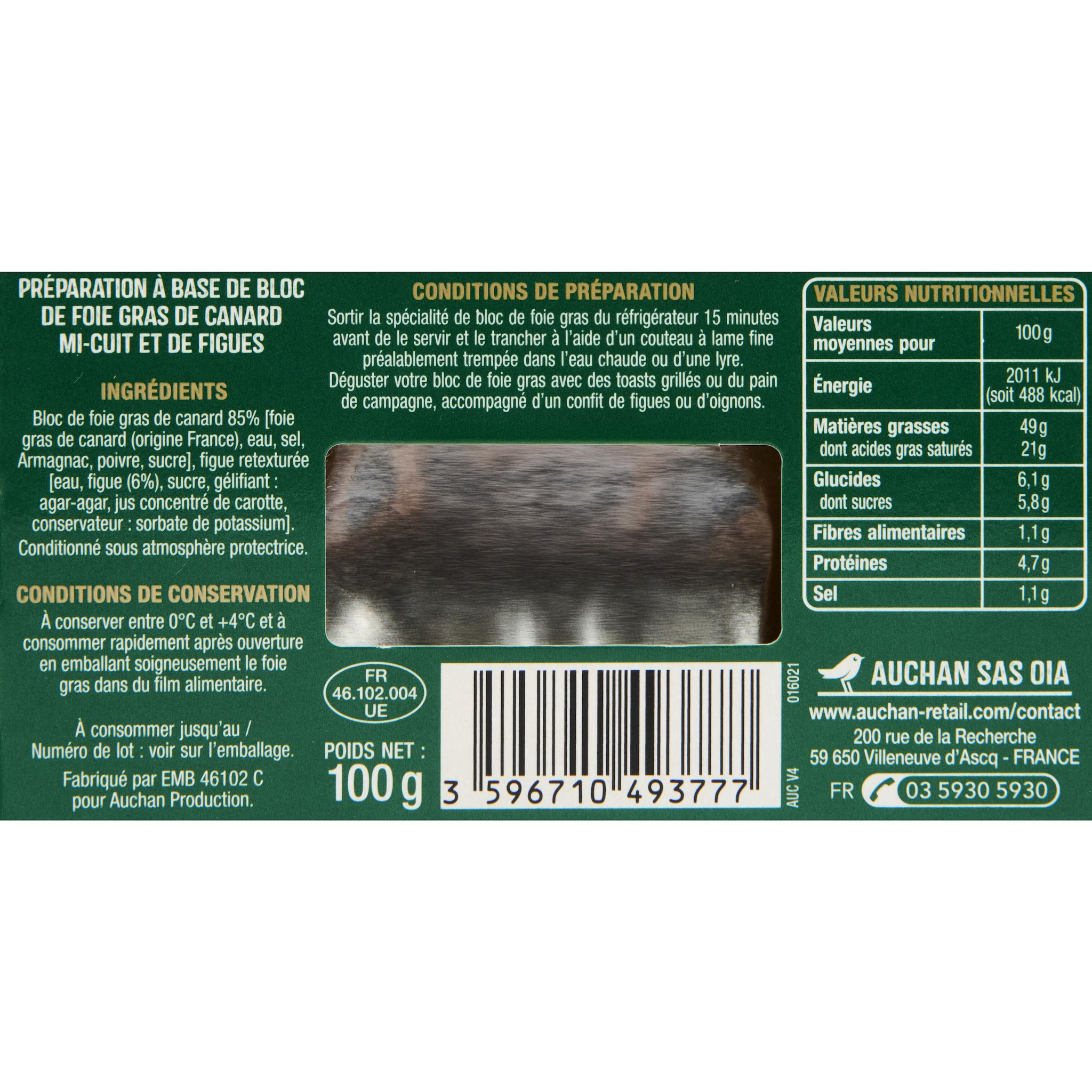 Voir la diapositive 2 : AUCHAN Bloc de foie gras de canard et gelée de figues 3 parts 100g