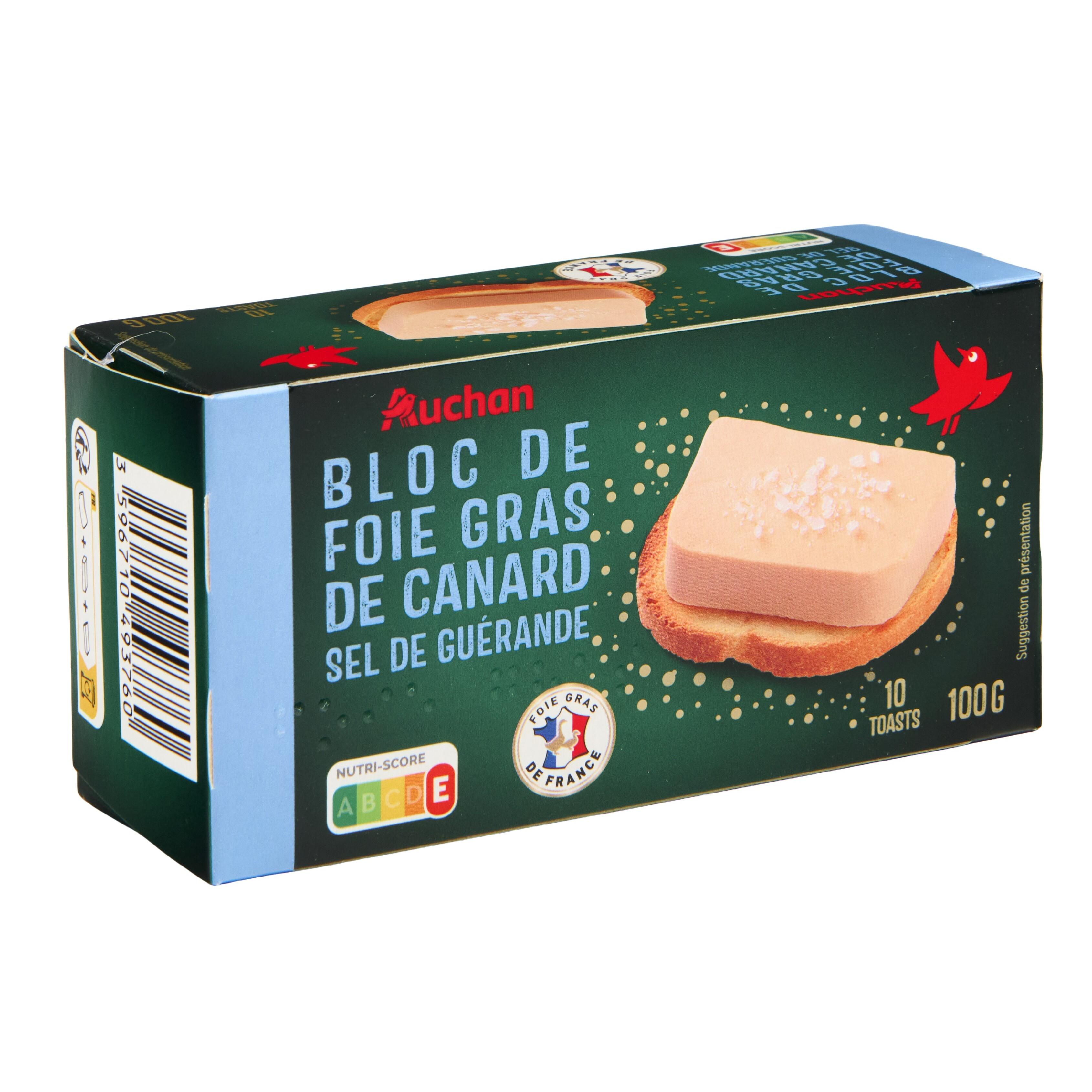 Voir la diapositive 2 : AUCHAN Bloc de foie gras de canard au sel de Guérande 10 parts 100g