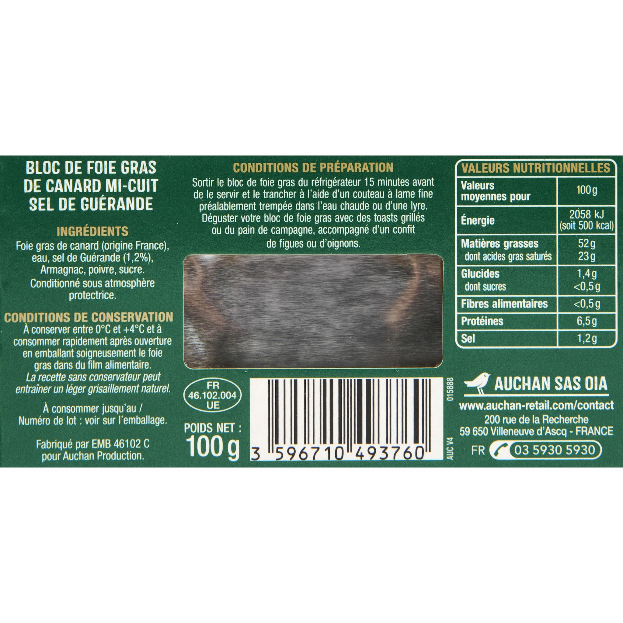 Voir la diapositive 3 : AUCHAN Bloc de foie gras de canard au sel de Guérande 10 parts 100g