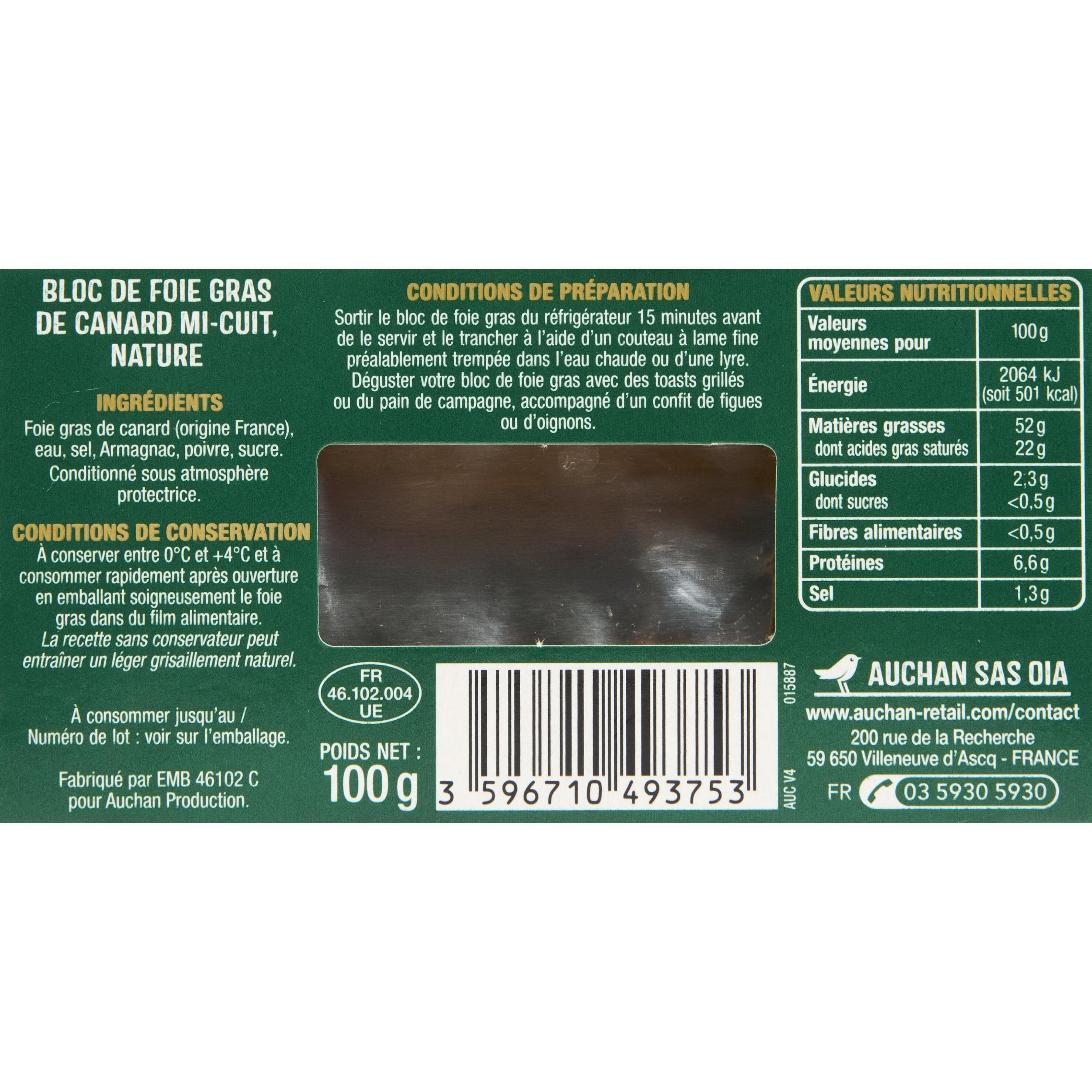 Voir la diapositive 2 : AUCHAN Bloc de foie gras de canard 3 parts 100g