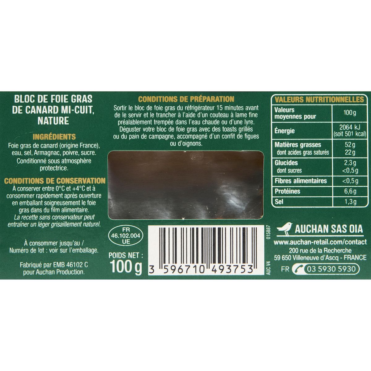 AUCHAN Bloc de foie gras de canard 3 parts 100g