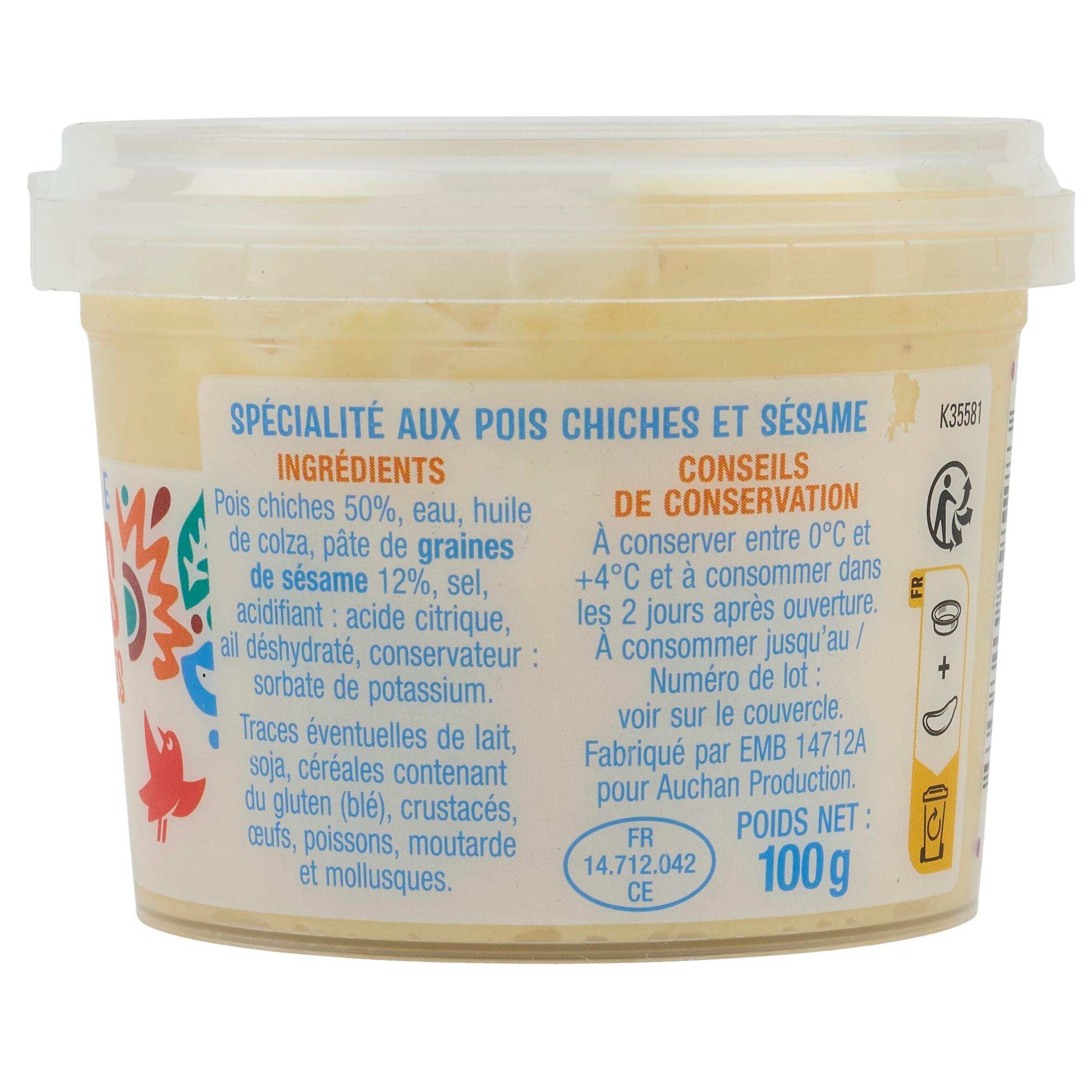 Voir la diapositive 2 : AUCHAN Houmous tartinable aux pois chiches 100g