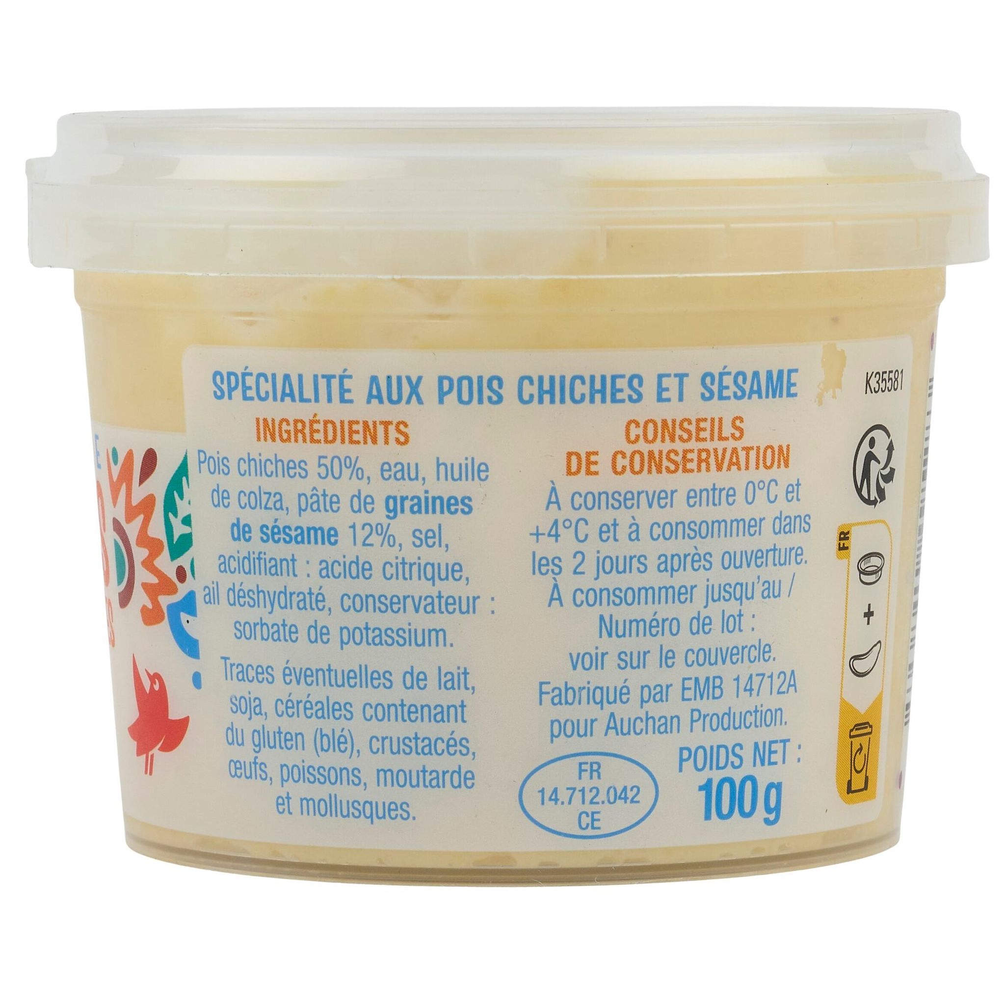 Voir la diapositive 4 : AUCHAN Houmous tartinable aux pois chiches 100g