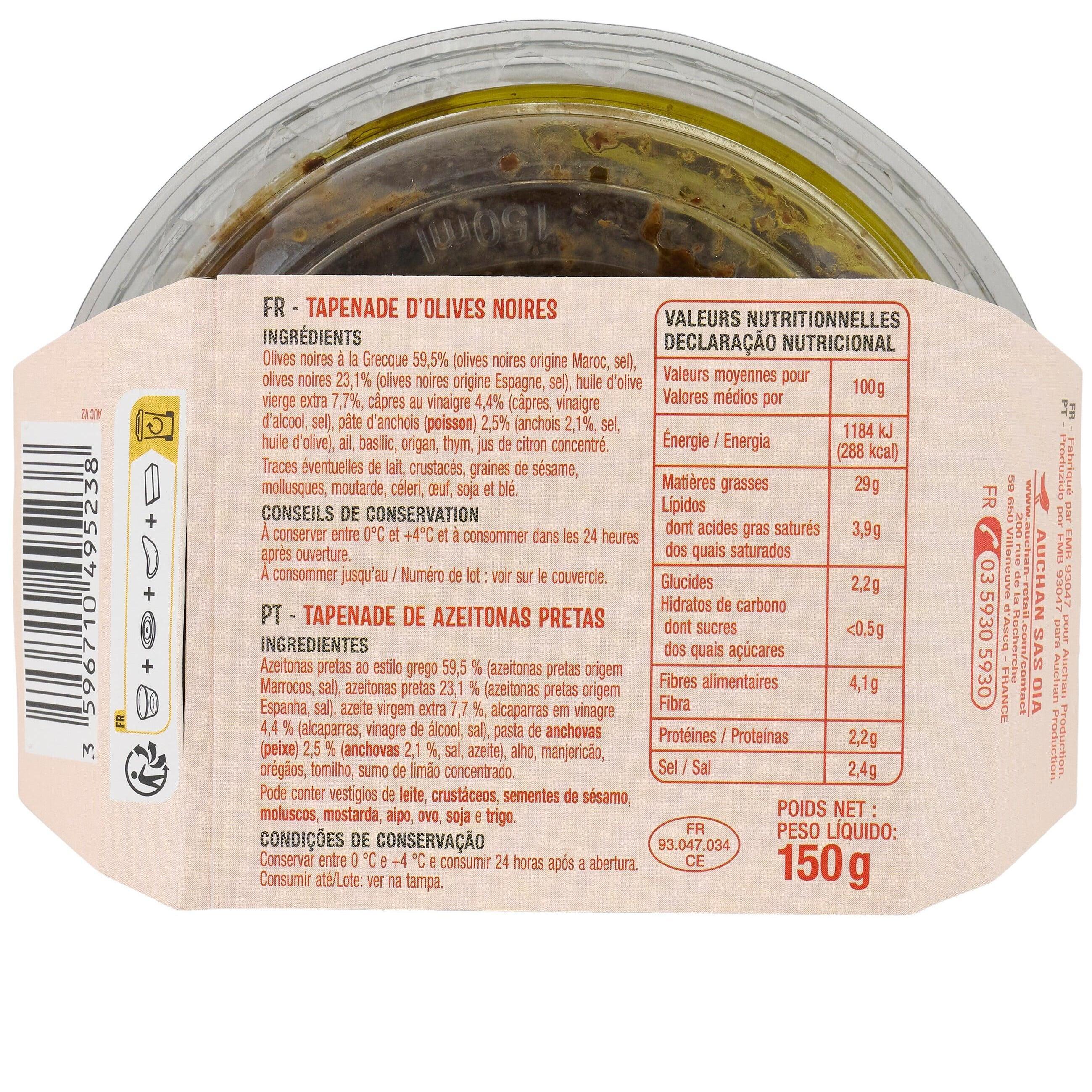 Voir la diapositive 2 : AUCHAN Tapenade d'olives noires 150g
