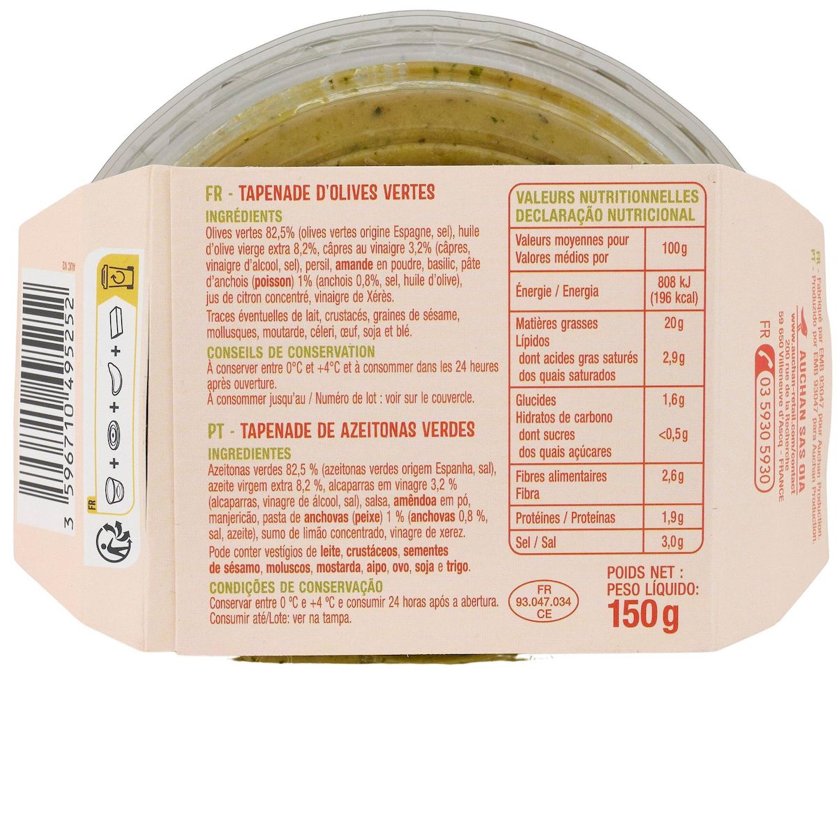 AUCHAN Tapenade d'olives vertes 150g
