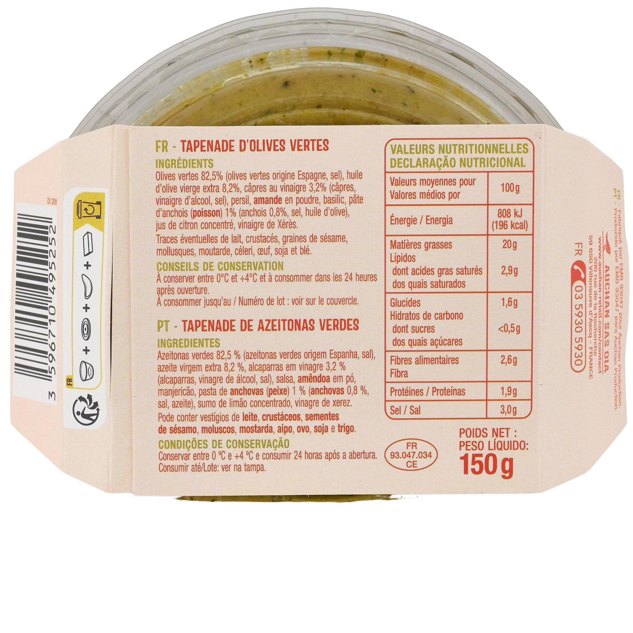Voir la diapositive 2 : AUCHAN Tapenade d'olives vertes 150g