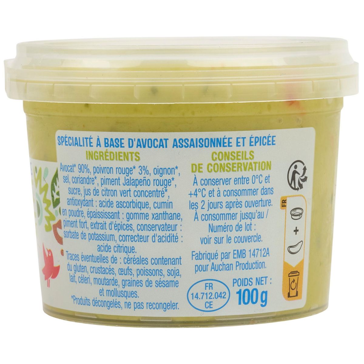 AUCHAN Tartinable guacamole morceaux d'avocats et de poivrons 100g