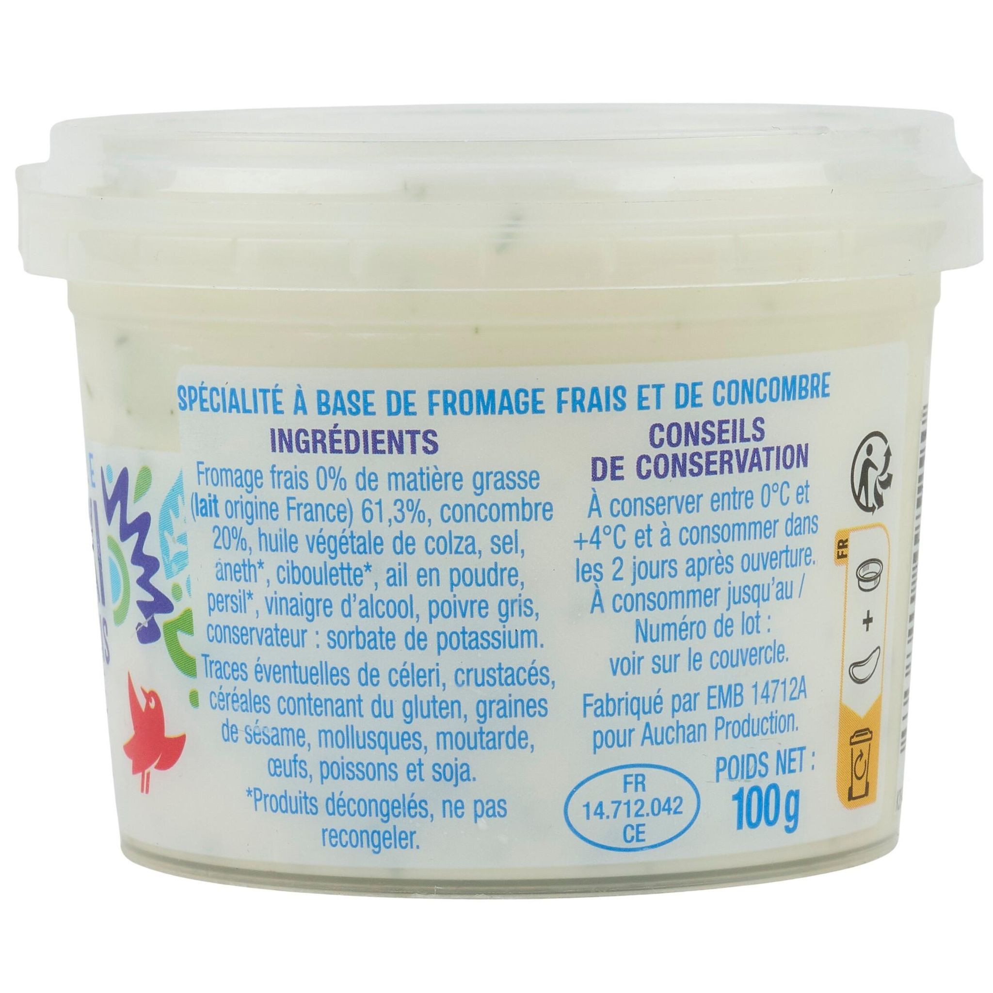 Voir la diapositive 4 : AUCHAN Tartinable tzatziki fromage frais et concombre 100g
