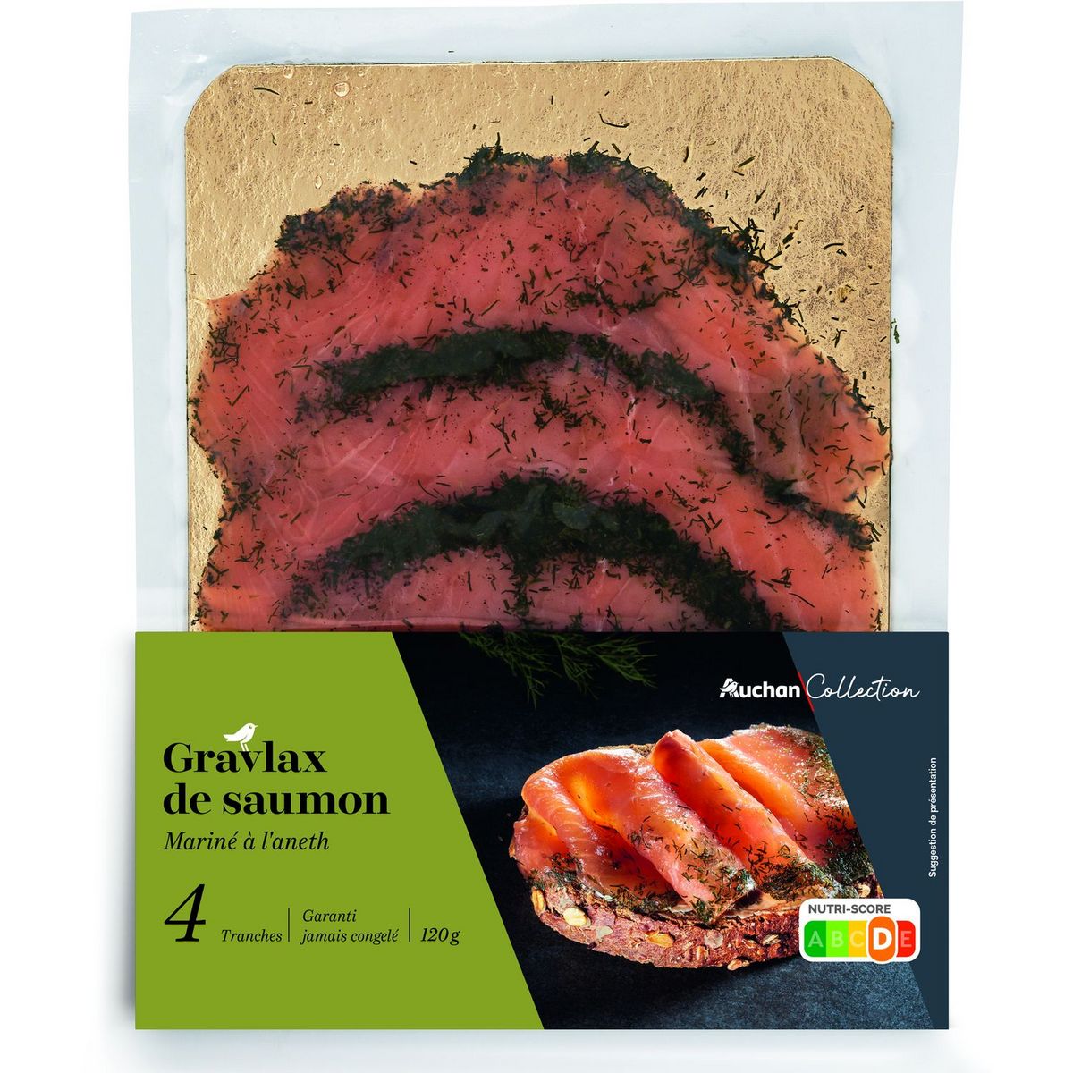 AUCHAN COLLECTION Gravlax de saumon mariné à l'aneth 4 tranches 120g