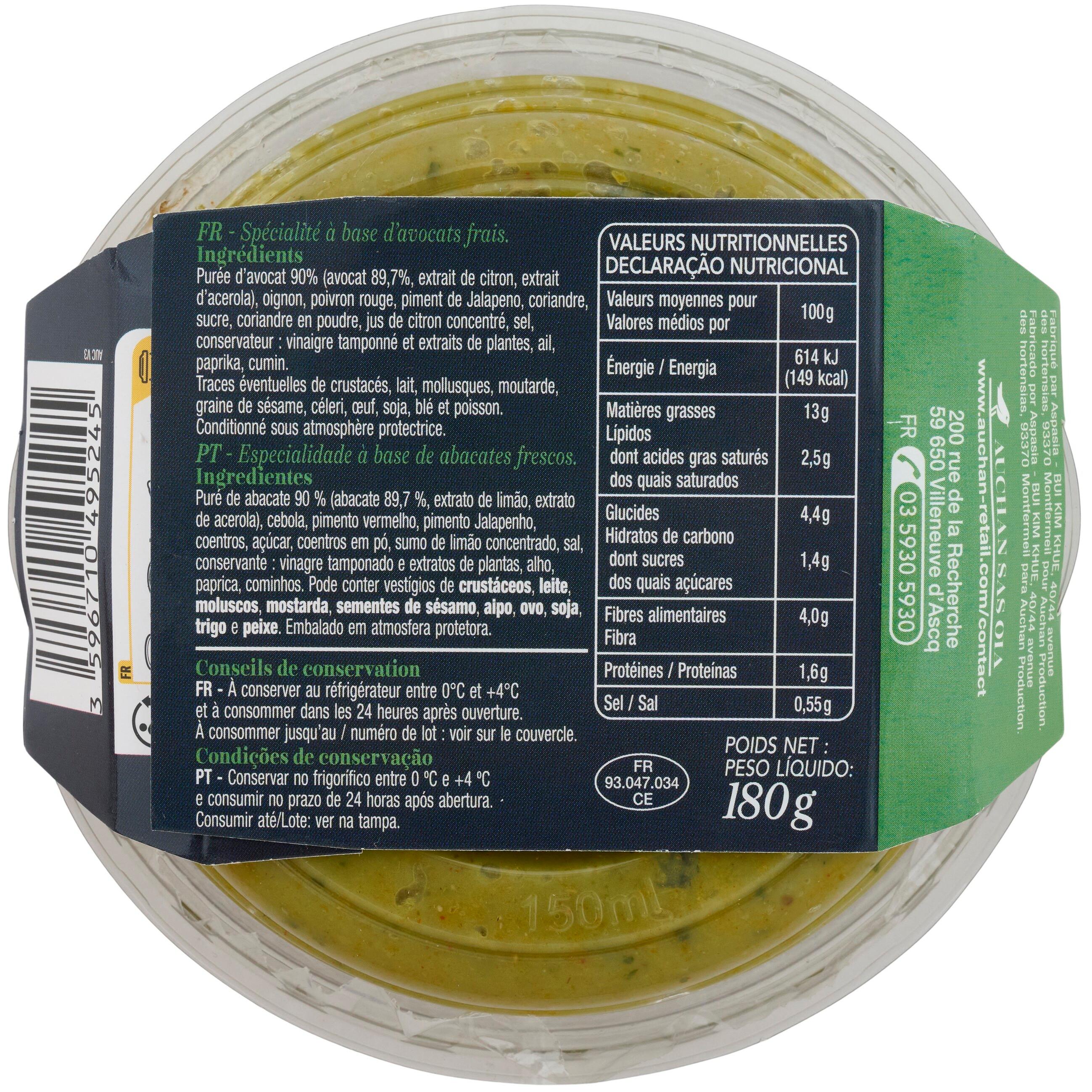 Voir la diapositive 2 : AUCHAN COLLECTION Guacamole extra aux avocats frais 180g