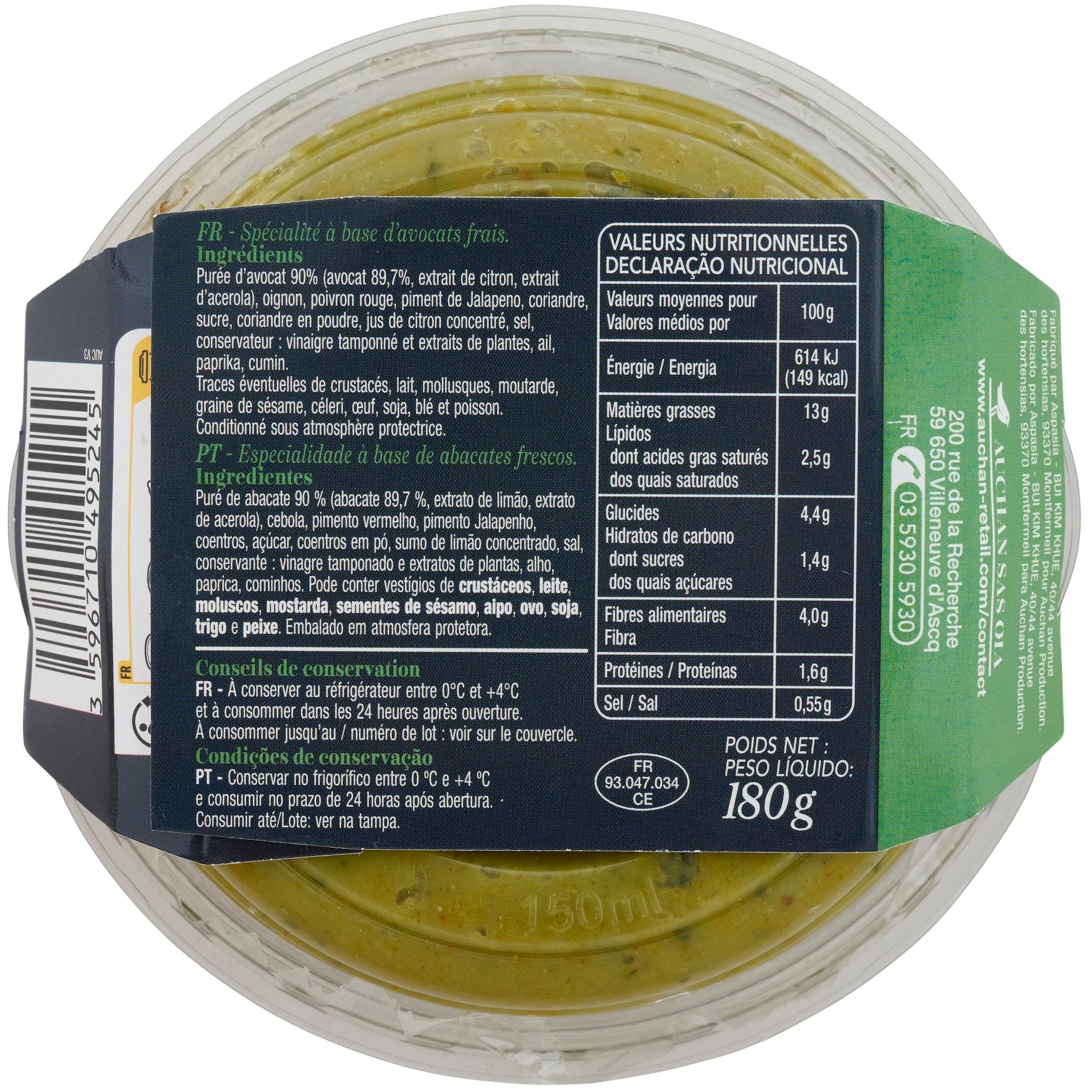 Voir la diapositive 3 : AUCHAN COLLECTION Guacamole extra aux avocats frais 180g