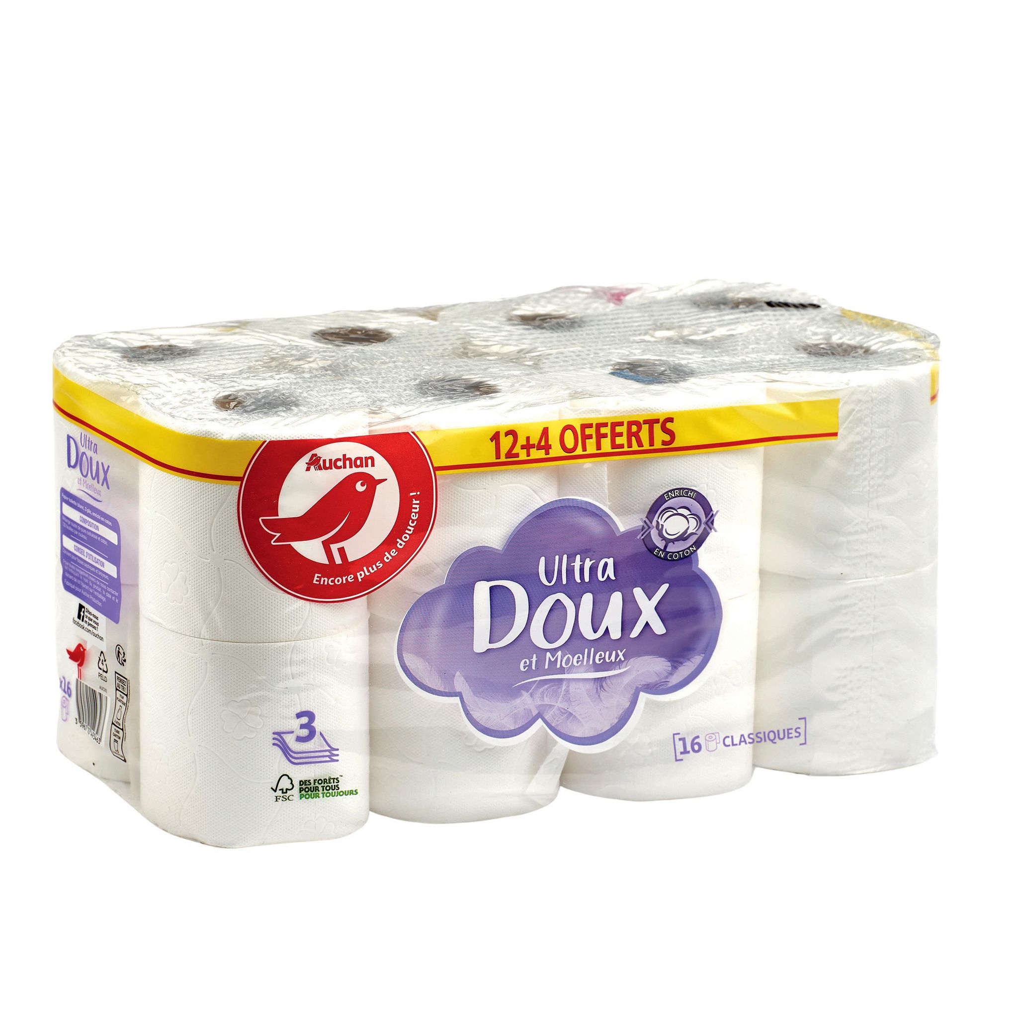 Voir la diapositive 2 : AUCHAN Papier toilette blanc ultra doux et moelleux 3 épaisseurs 12 rouleaux + 4 offerts