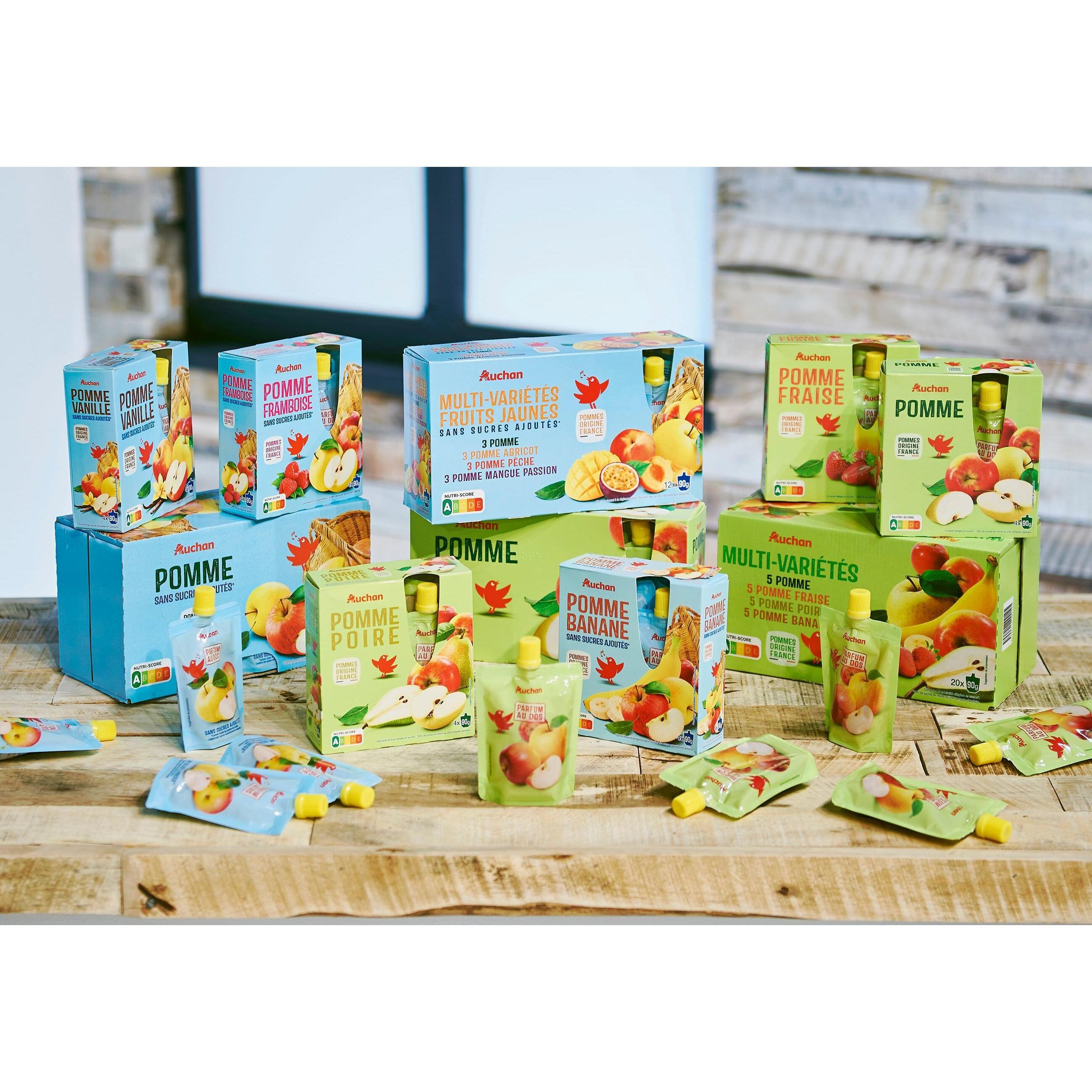 Voir la diapositive 2 : AUCHAN Gourdes purée de pomme vanille sans sucres ajoutés 4x90g