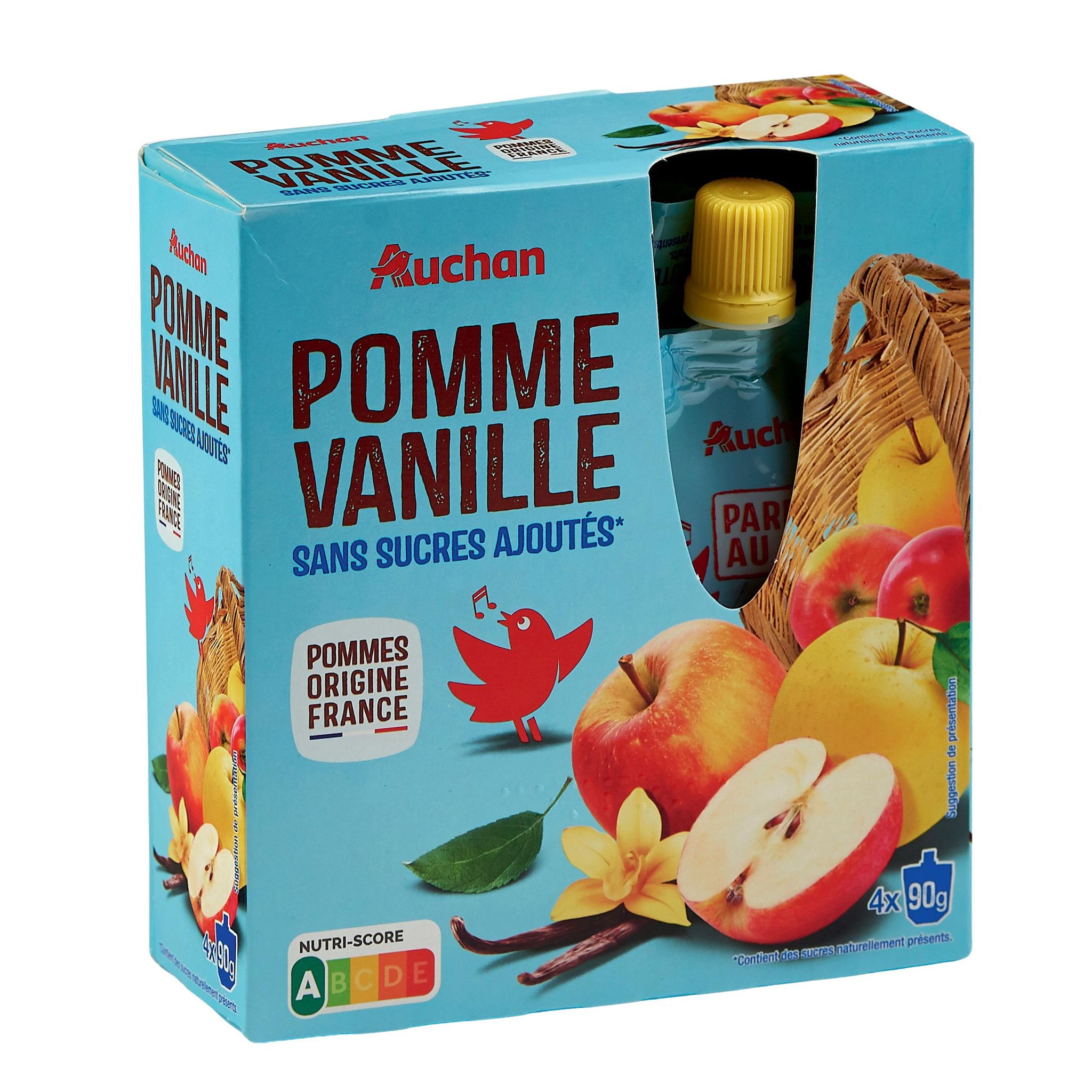 Voir la diapositive 3 : AUCHAN Gourdes purée de pomme vanille sans sucres ajoutés 4x90g
