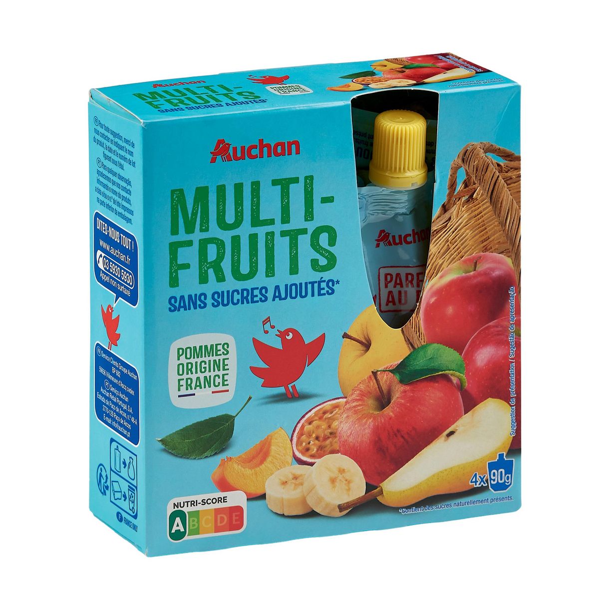 AUCHAN Gourdes multi-fruits sans sucres ajoutés 4x90g