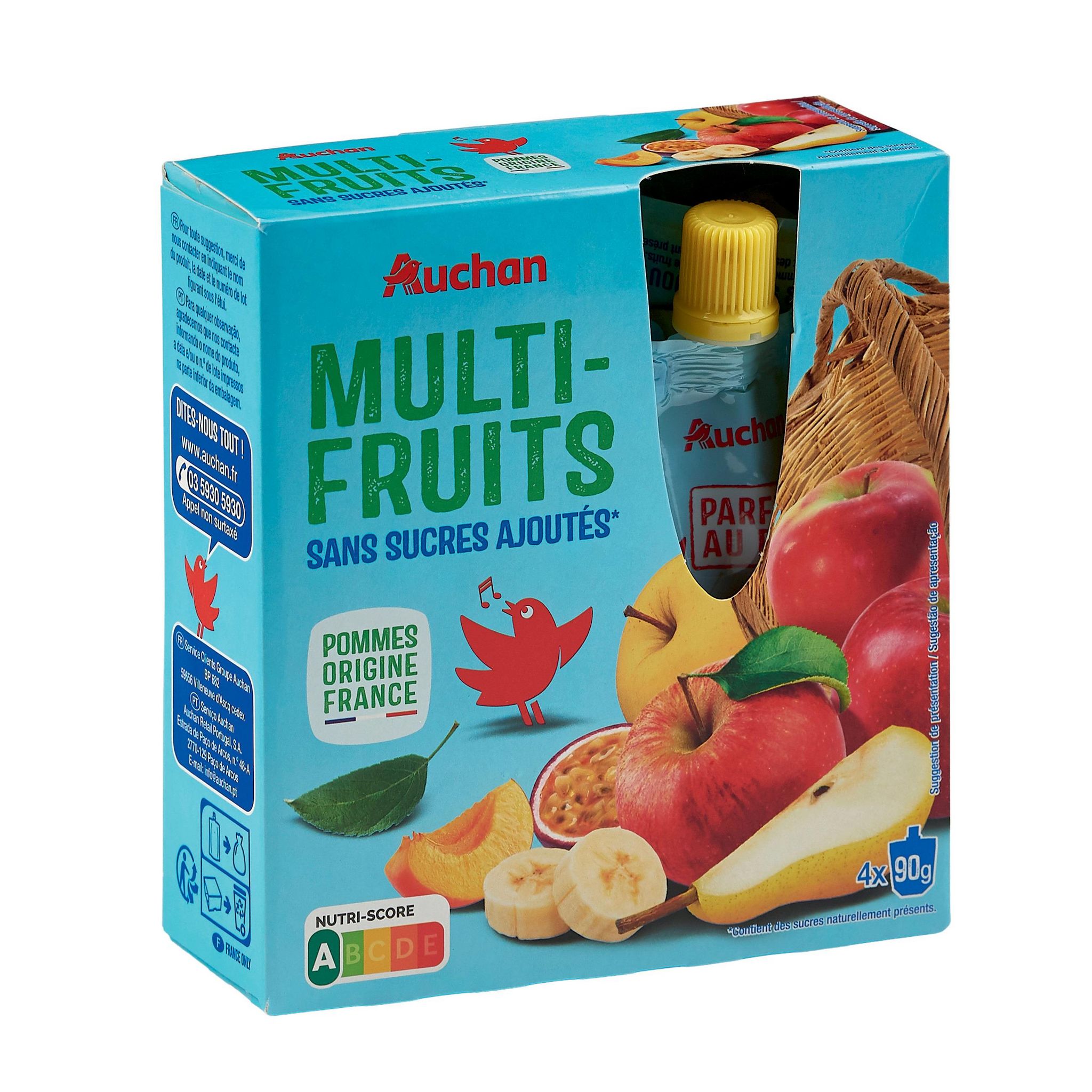 Voir la diapositive 2 : AUCHAN Gourdes multi-fruits sans sucres ajoutés 4x90g