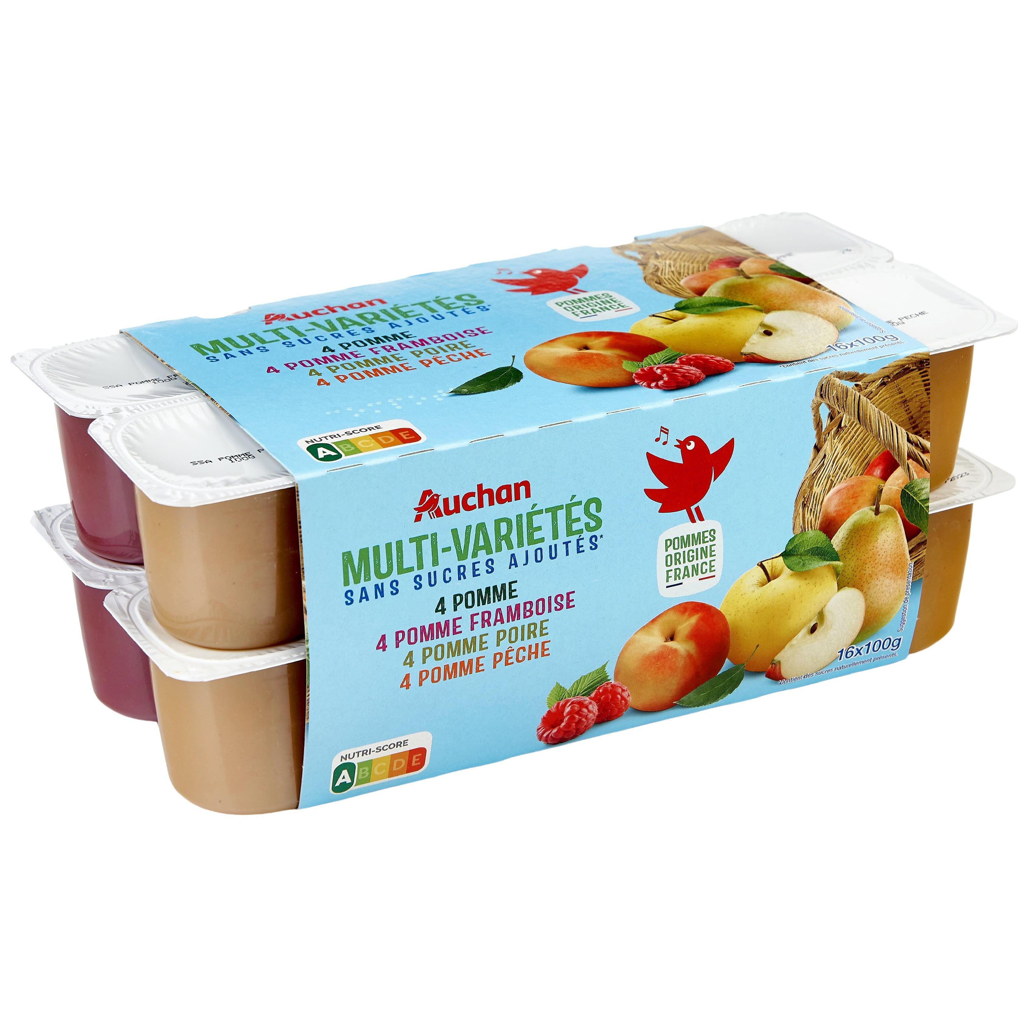 Voir la diapositive 3 : AUCHAN Coupelles multi-variétés purée de pomme framboise poire pêche sans sucre ajoutés 16x100g