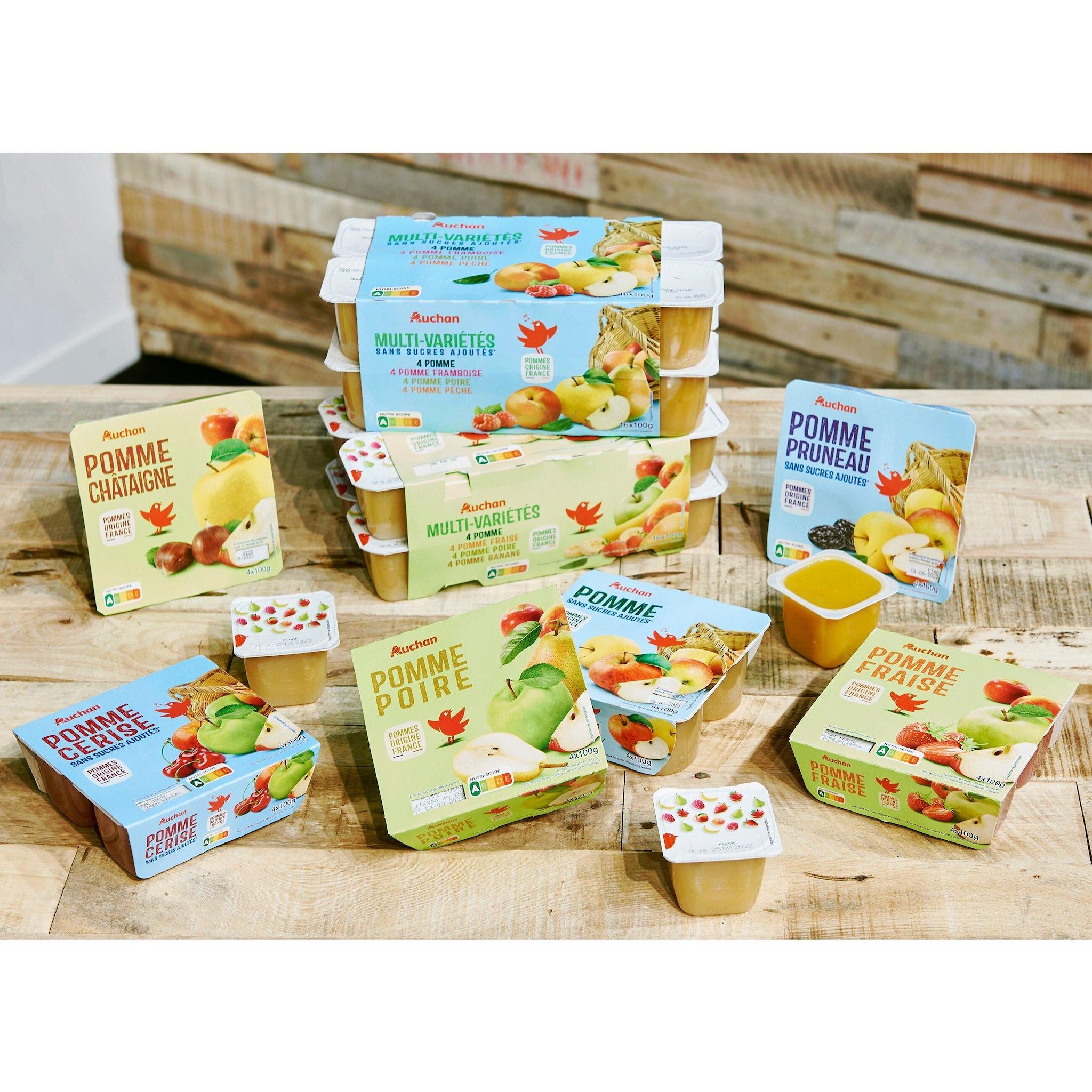 Voir la diapositive 3 : AUCHAN Coupelles multi-variétés purée de pomme framboise poire pêche sans sucre ajoutés 16x100g