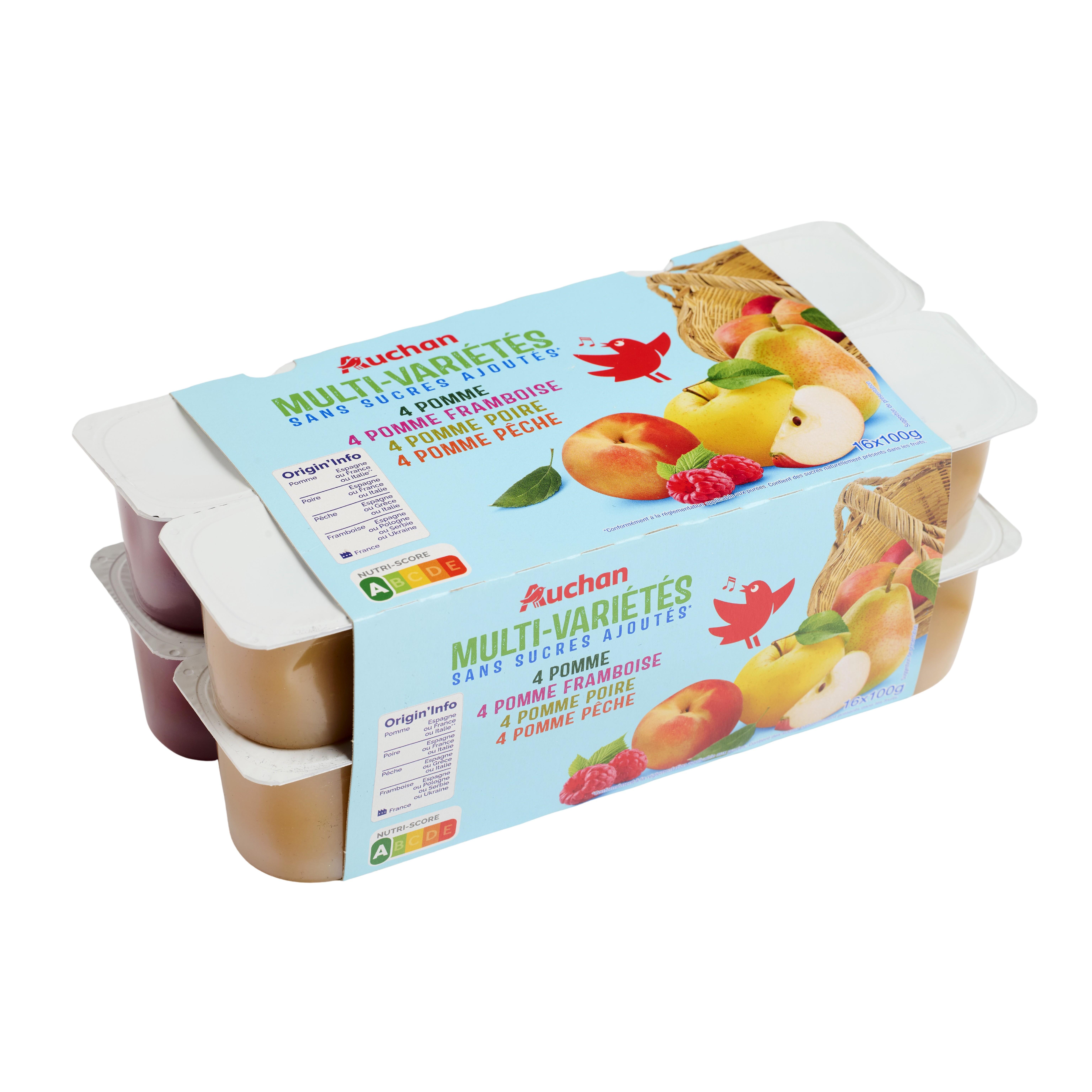 Voir la diapositive 4 : AUCHAN Coupelles multi-variétés purée de pomme framboise poire pêche sans sucre ajoutés 16x100g