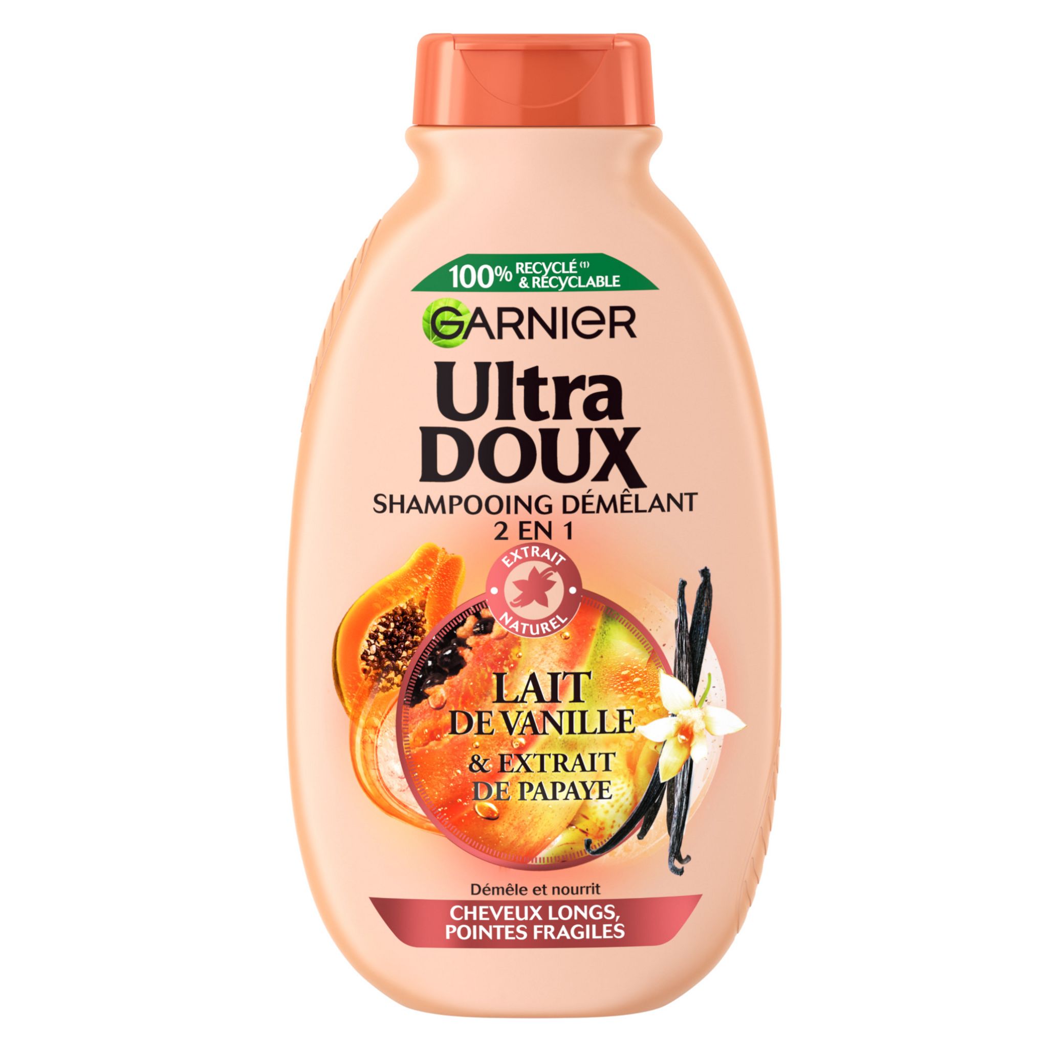 ULTRA DOUX Shampooing démêlant 2en1 au lait de vanille et extrait de papaye pour cheveux longs et pointes fragiles 250ml