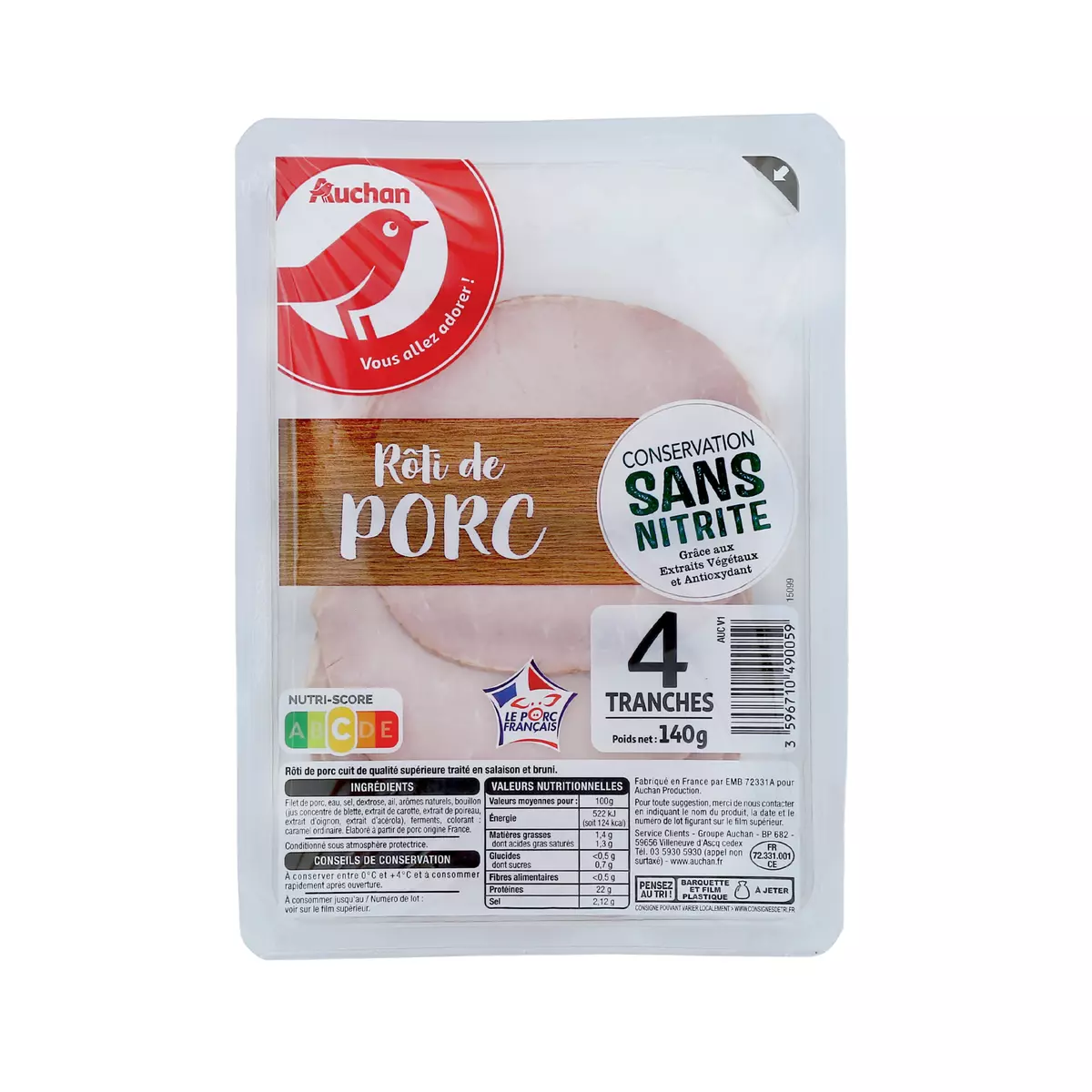 AUCHAN Roti de porc conservation sans nitrite 4 tranches 140g
