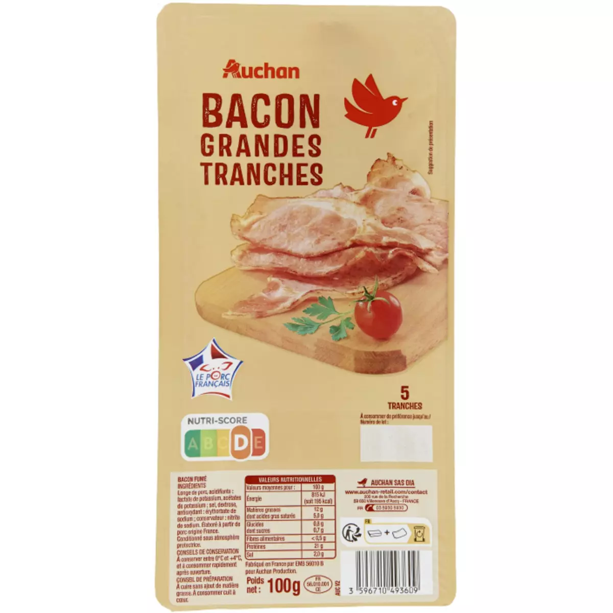 AUCHAN Bacon en grandes tranches 5 tranches 100g