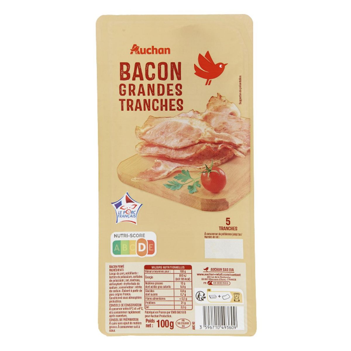 AUCHAN Bacon en grandes tranches 5 tranches 100g