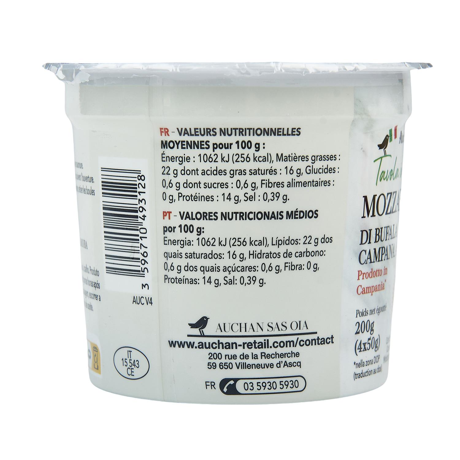 Voir la diapositive 2 : AUCHAN TAVOLA IN ITALIA Mozzarella di Bufala campana AOP 4 pièces 200g