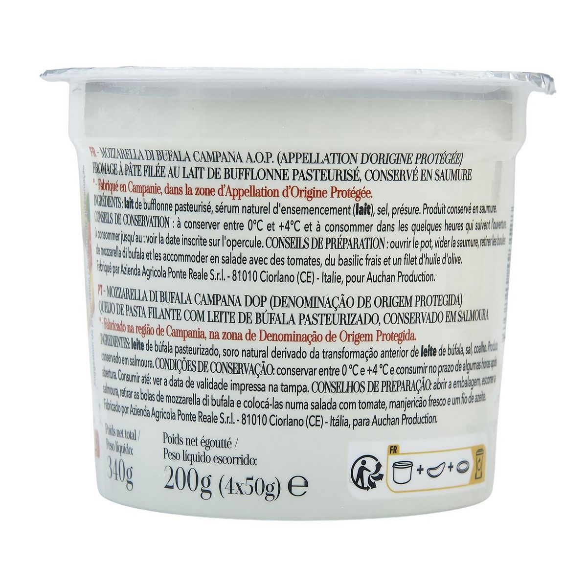 AUCHAN TAVOLA IN ITALIA Mozzarella di Bufala campana AOP 4 pièces 200g