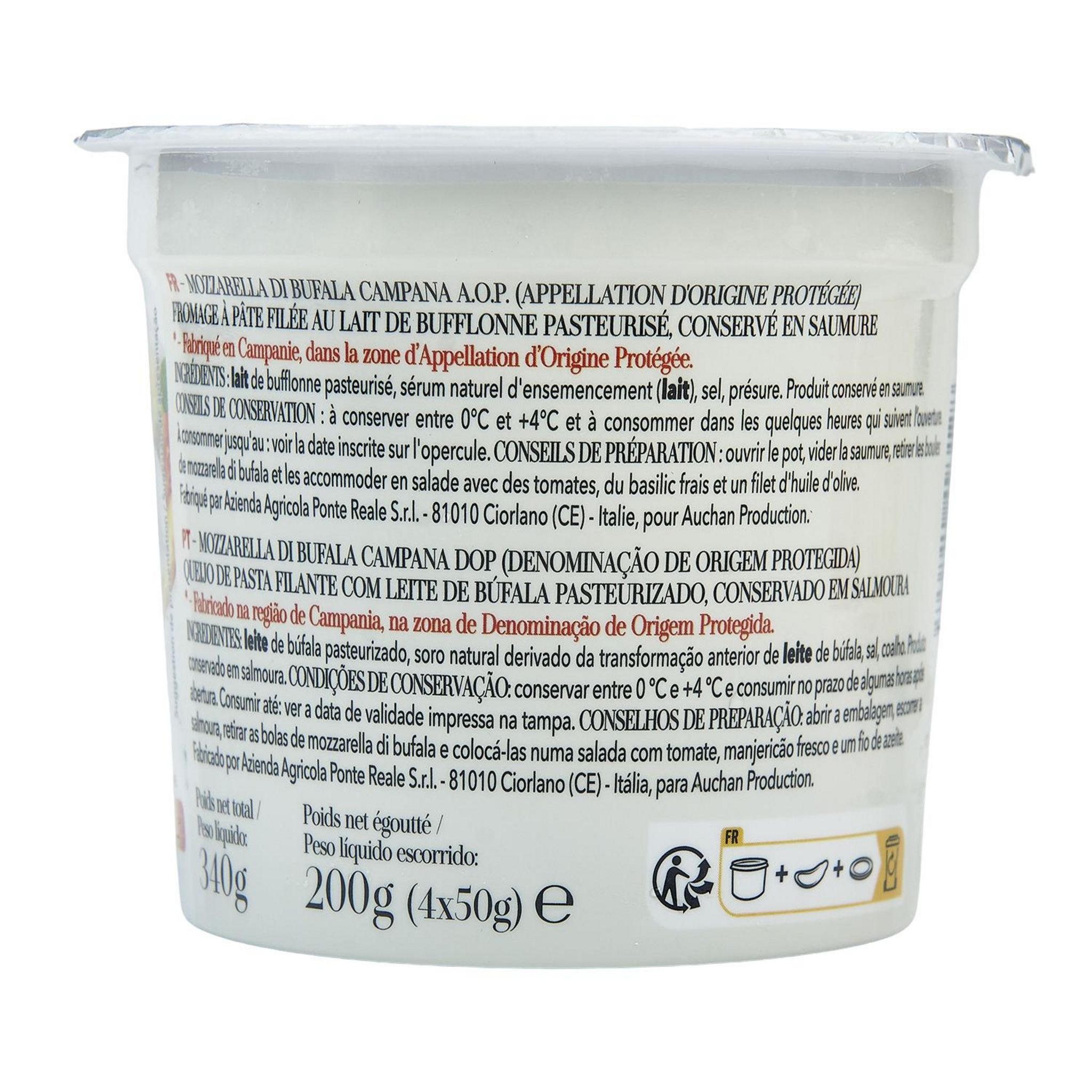 Voir la diapositive 2 : AUCHAN TAVOLA IN ITALIA Mozzarella di Bufala campana AOP 4 pièces 200g