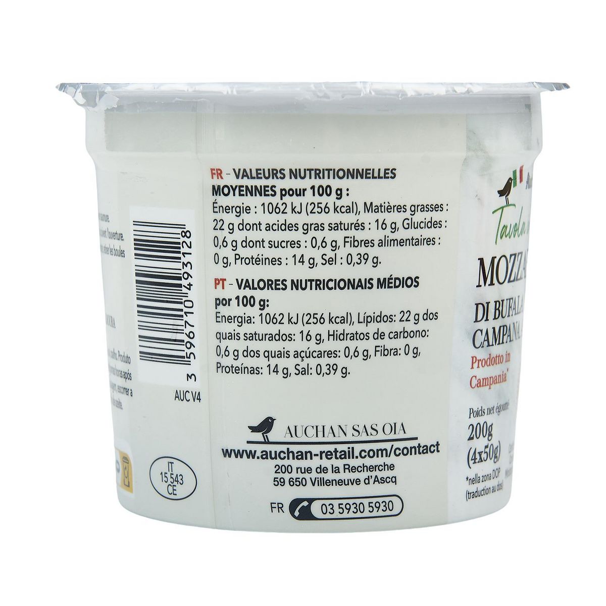 AUCHAN TAVOLA IN ITALIA Mozzarella di Bufala campana AOP 4 pièces 200g