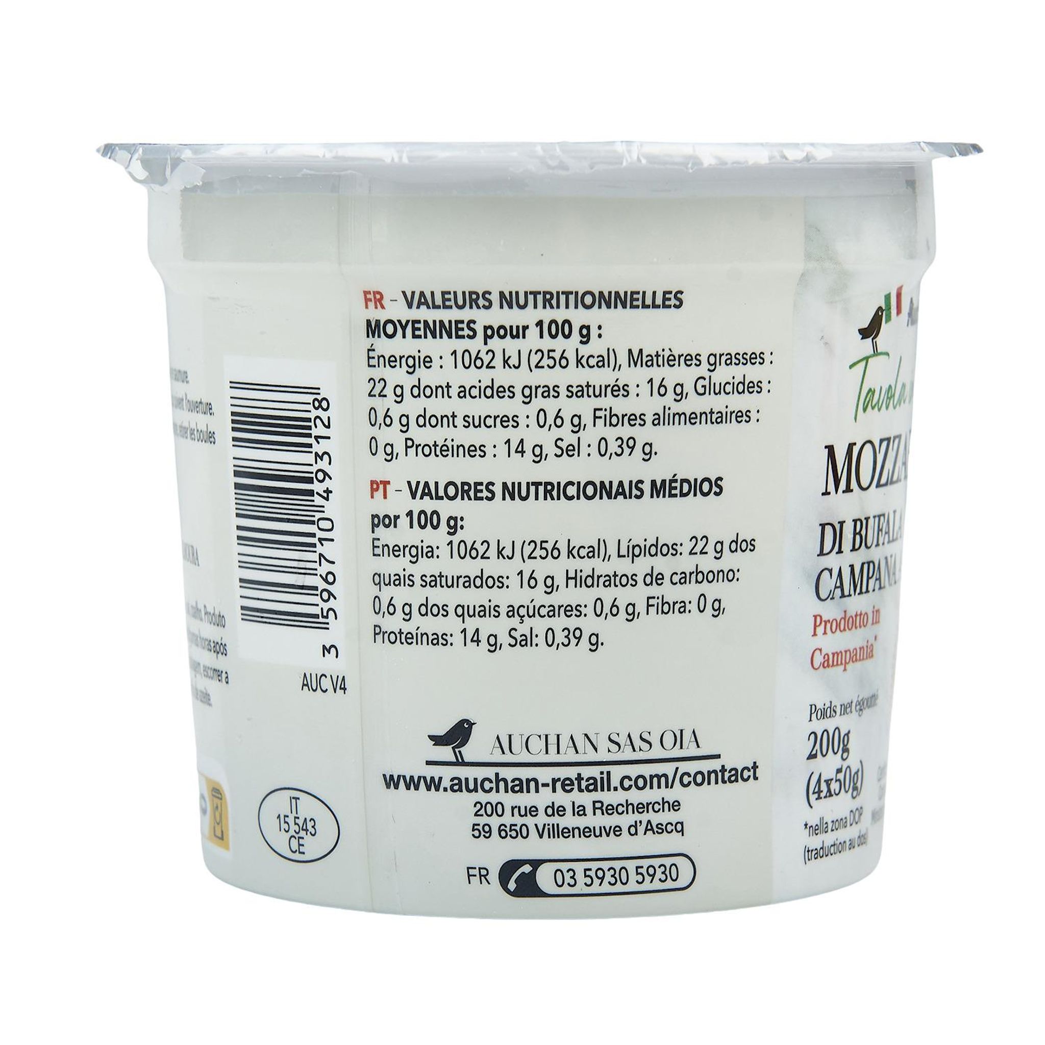 Voir la diapositive 5 : AUCHAN TAVOLA IN ITALIA Mozzarella di Bufala campana AOP 4 pièces 200g