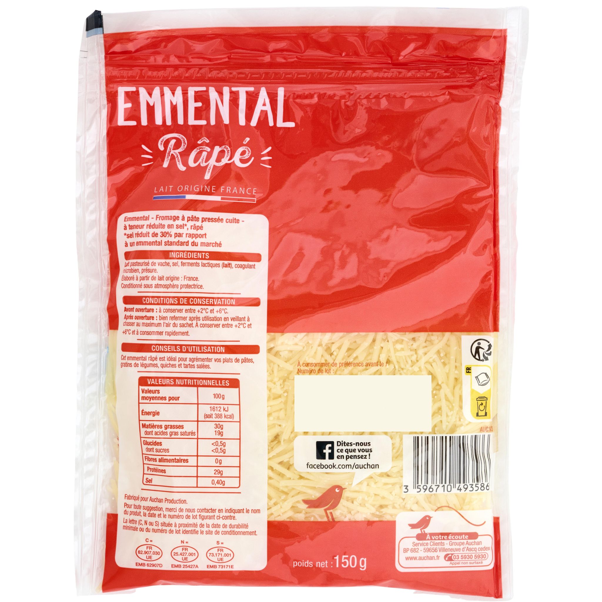 Voir la diapositive 3 : AUCHAN Emmental rapé 150g