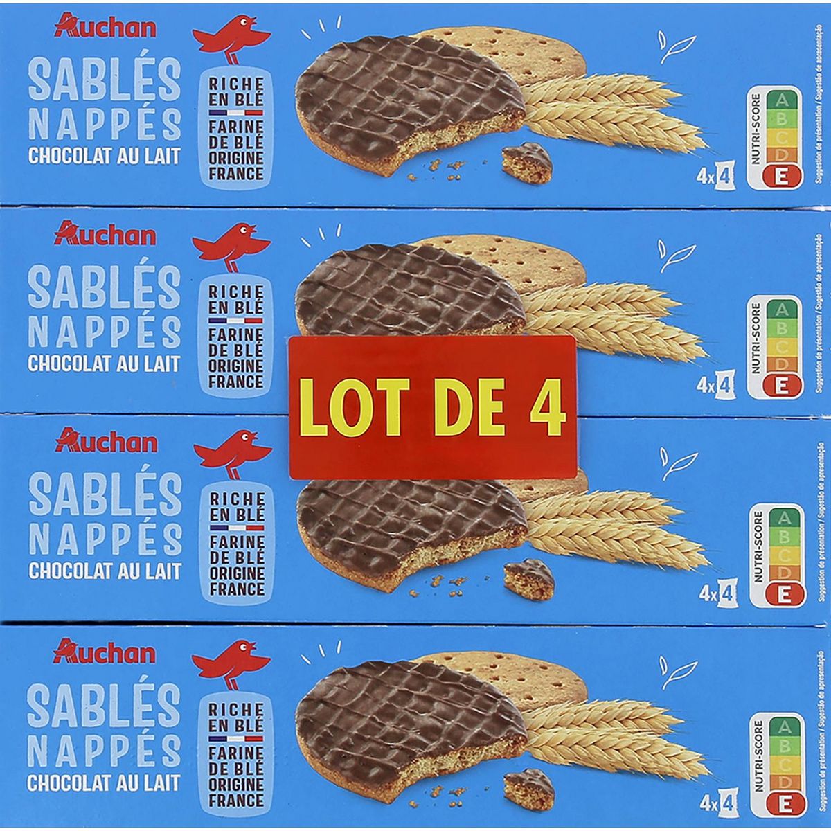 AUCHAN Sablés nappés chocolat au lait sachets fraicheur 3 + 1 offert 4x200g
