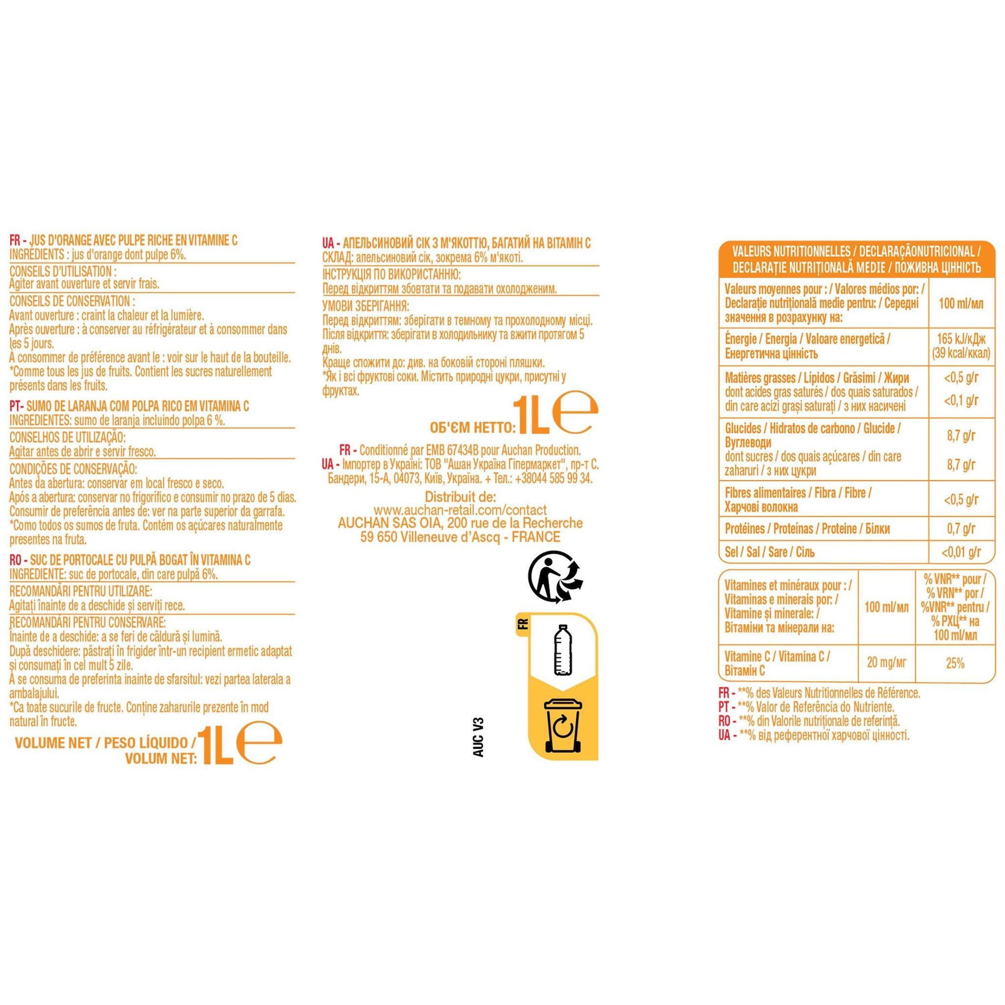 Voir la diapositive 4 : AUCHAN Pur jus d'orange très pulpé 1l