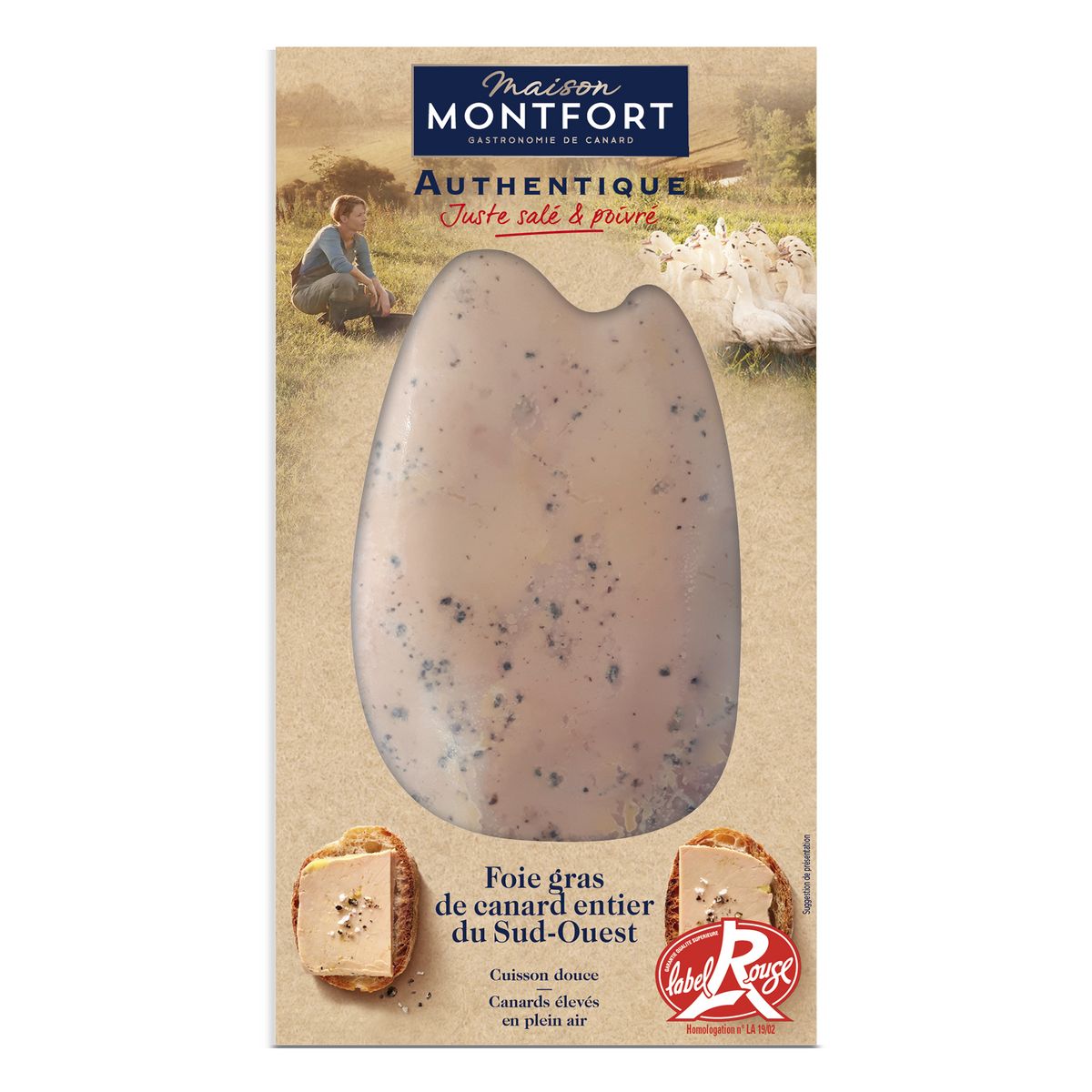 MAISON MONTFORT Foie gras de canard entier du Sud-Ouest Label Rouge, salé et poivré  6/8 parts 250g