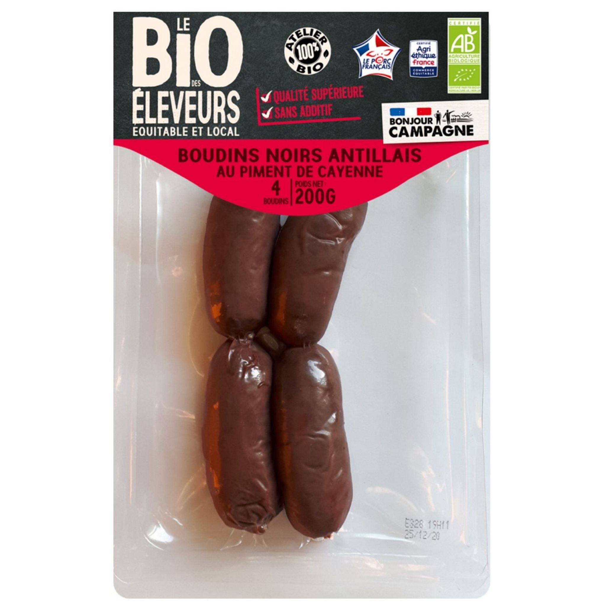 LE BIO DES ELEVEURS Boudin noir Antillais au piment de Cayenne 4 pièces 200g